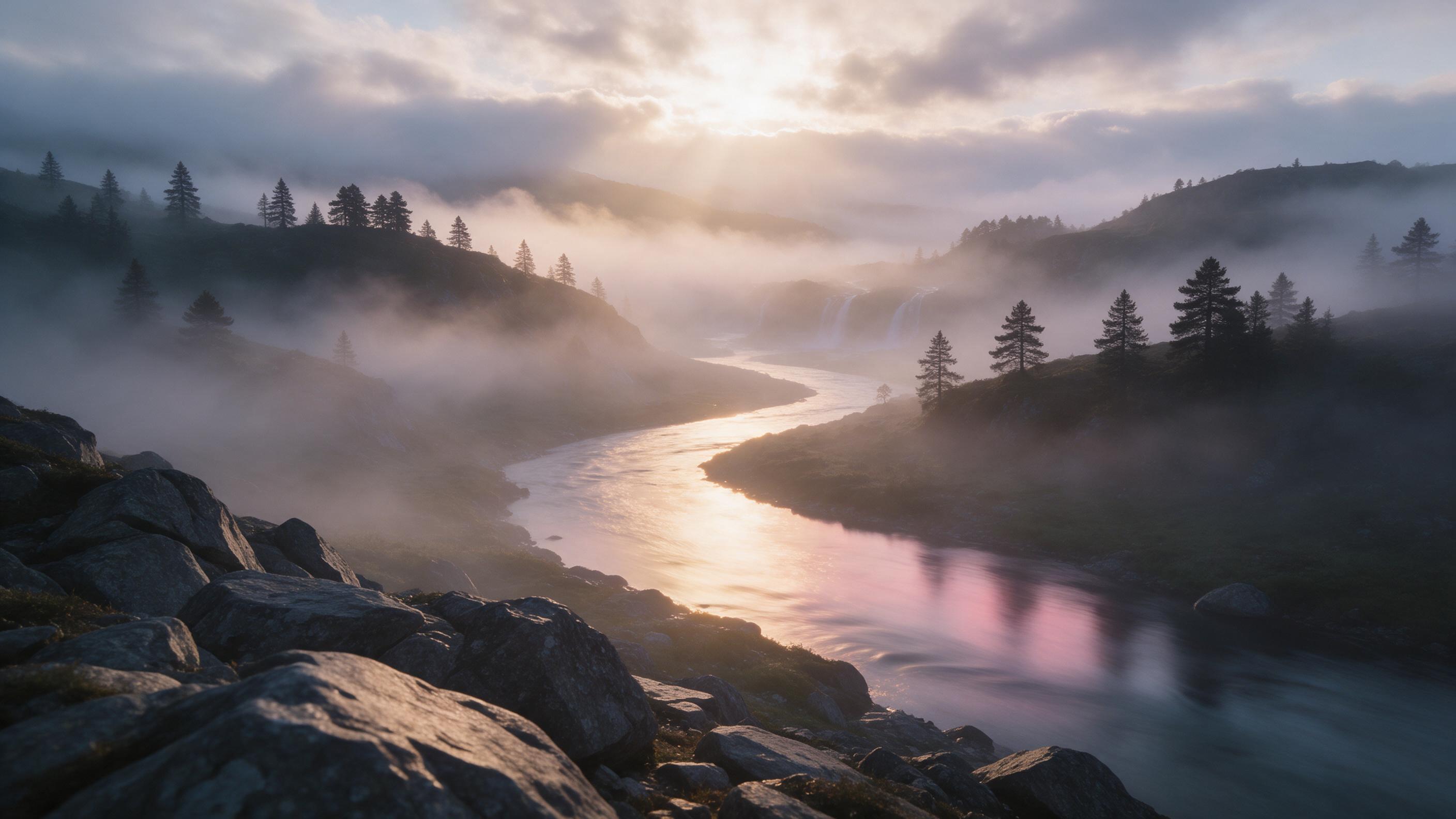 A misty alpine valley at dawn, with a winding river reflecting gold and pink light, silhouettes of pine trees on ridges, soft fog rolling, distant waterfalls, peaceful atmosphere, long-exposure smooth water, natural colors, sharp foreground rocks, warm sun rays breaking through clouds