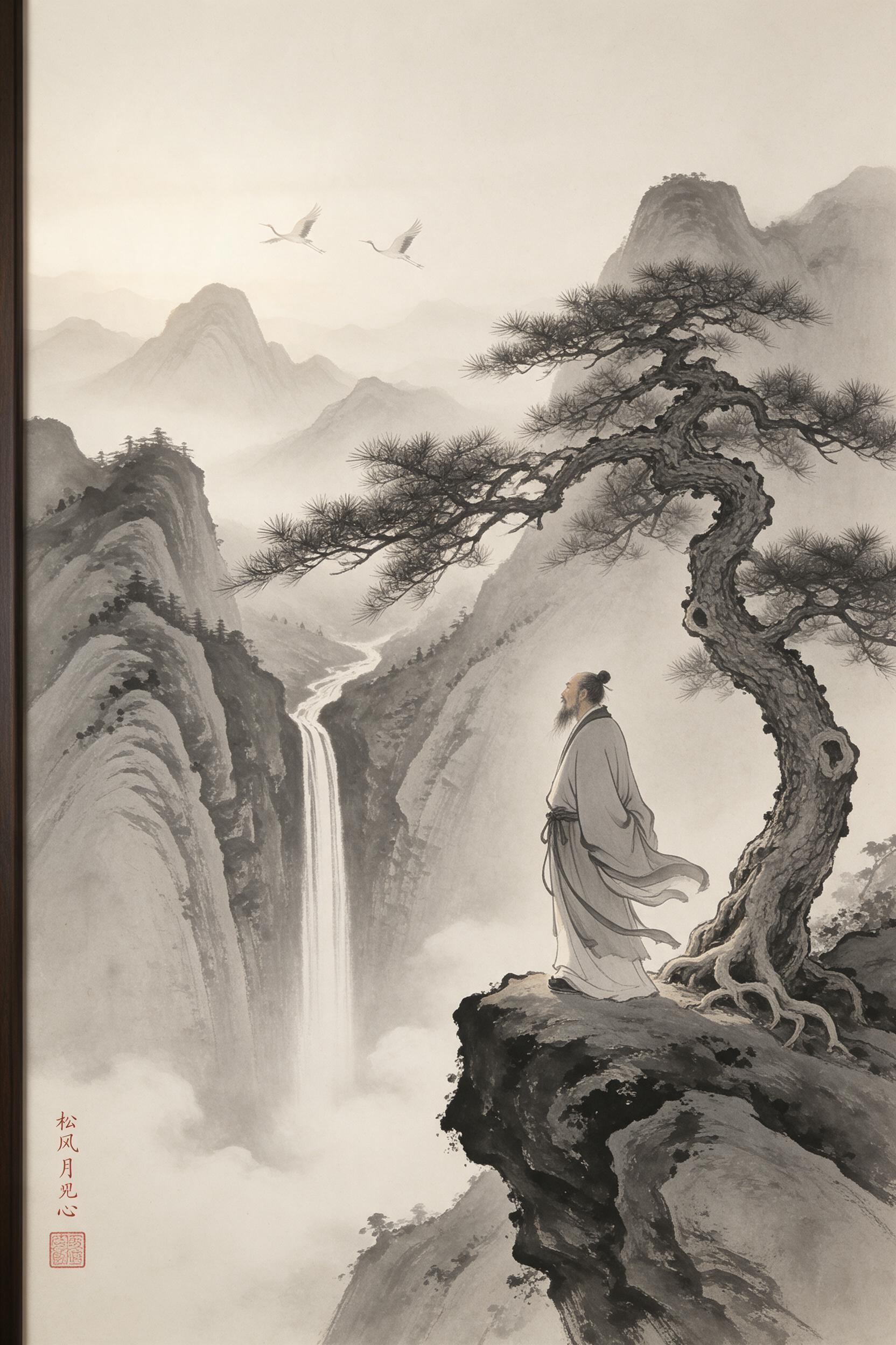 A lone scholar in flowing robes stands on a cliff beside a gnarled pine, ink-wash mountains fading into misty layers, a thin waterfall plunging into a valley, distant cranes flying, muted blacks and grays with a single vermilion seal stamp, soft morning light, static composition