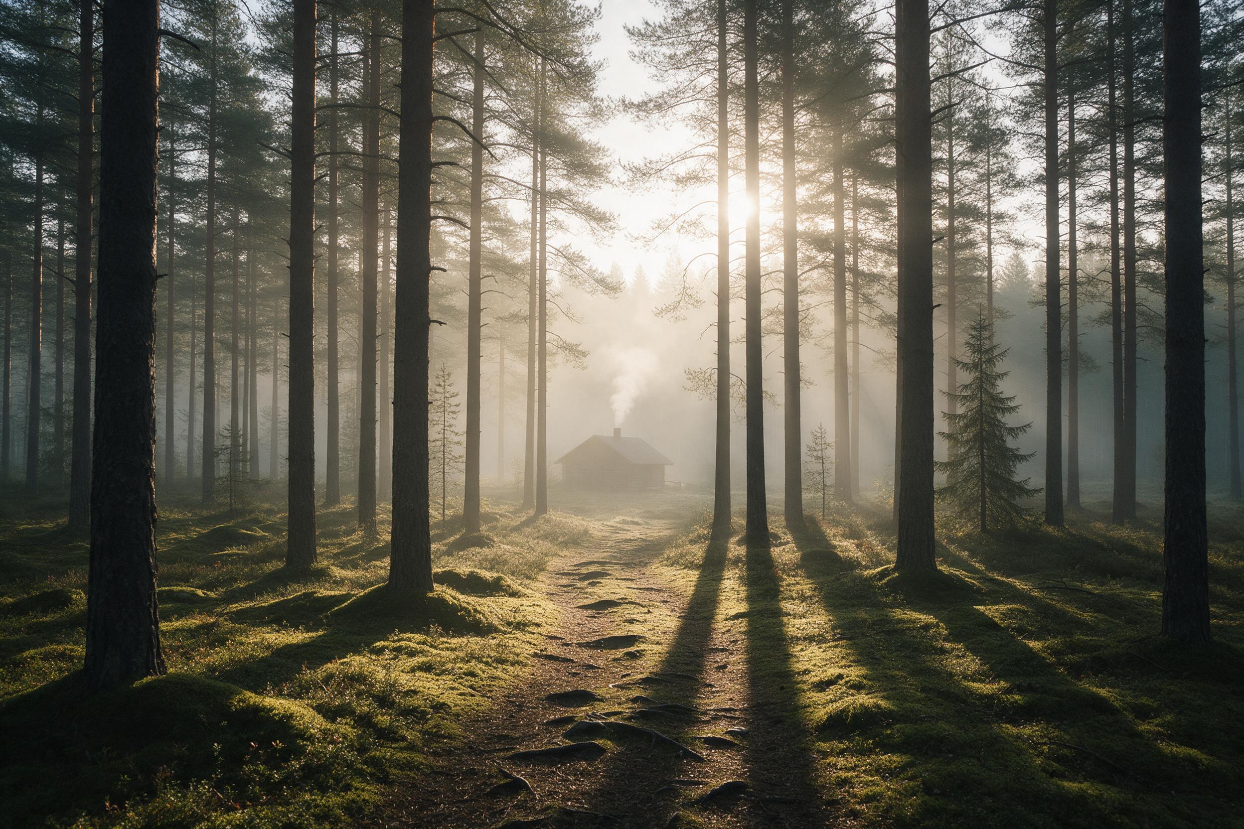 A misty pine forest at dawn, sunlight piercing through tall trees, casting long shadows on a mossy ground, a small wooden cabin with smoke rising from its chimney in the distance, soft fog, gentle warm glow, composition with leading lines of the path