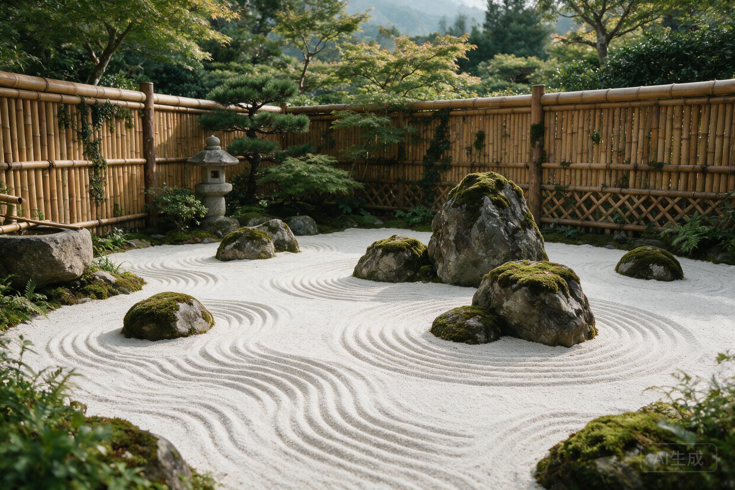 Zen rock garden with raked sand patterns, moss-covered stones, bamboo fence, minimalist and meditative composition