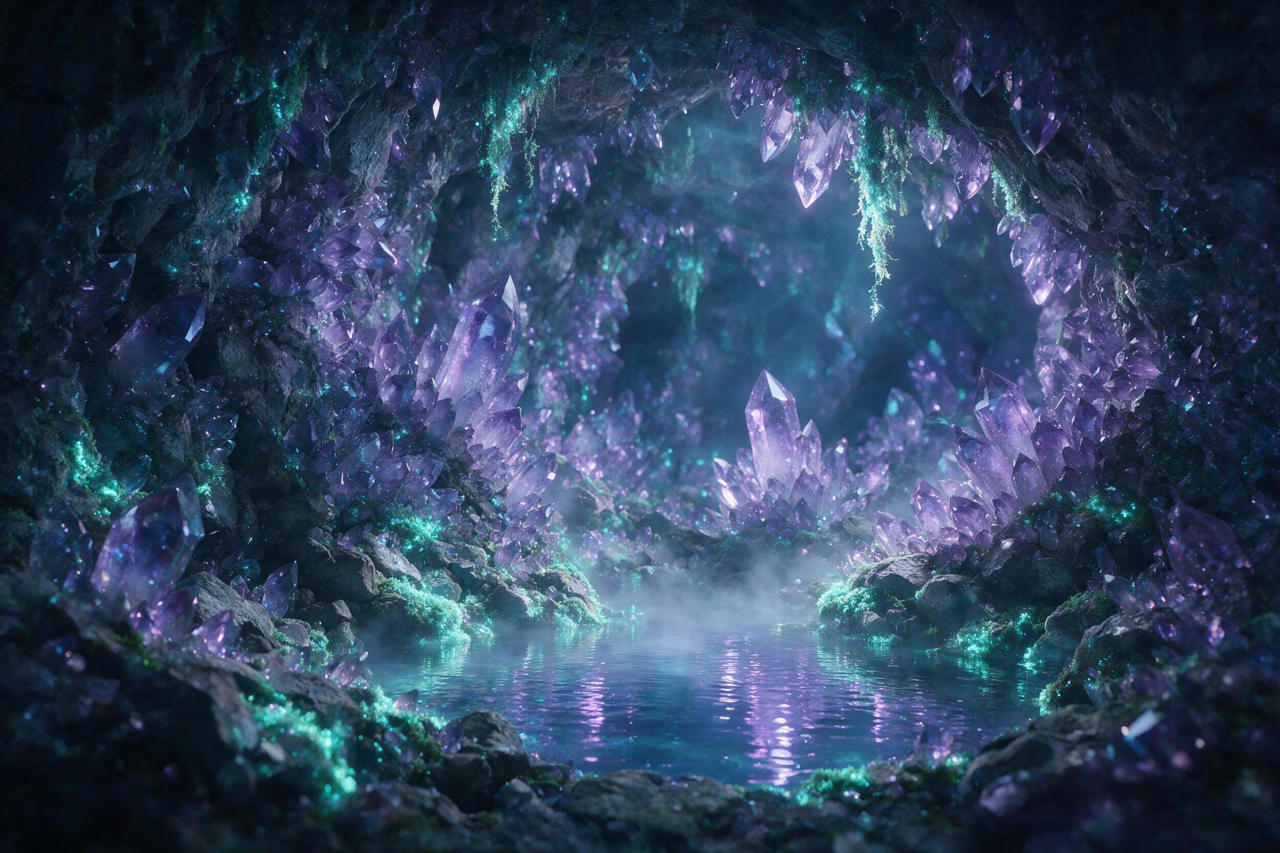 A luminous crystal cave deep underground, glowing bioluminescent moss clinging to jagged amethyst walls, a small pool of shimmering water reflects the soft blue light, ethereal mist swirls, depth of field, cinematic composition, soft diffused lighting