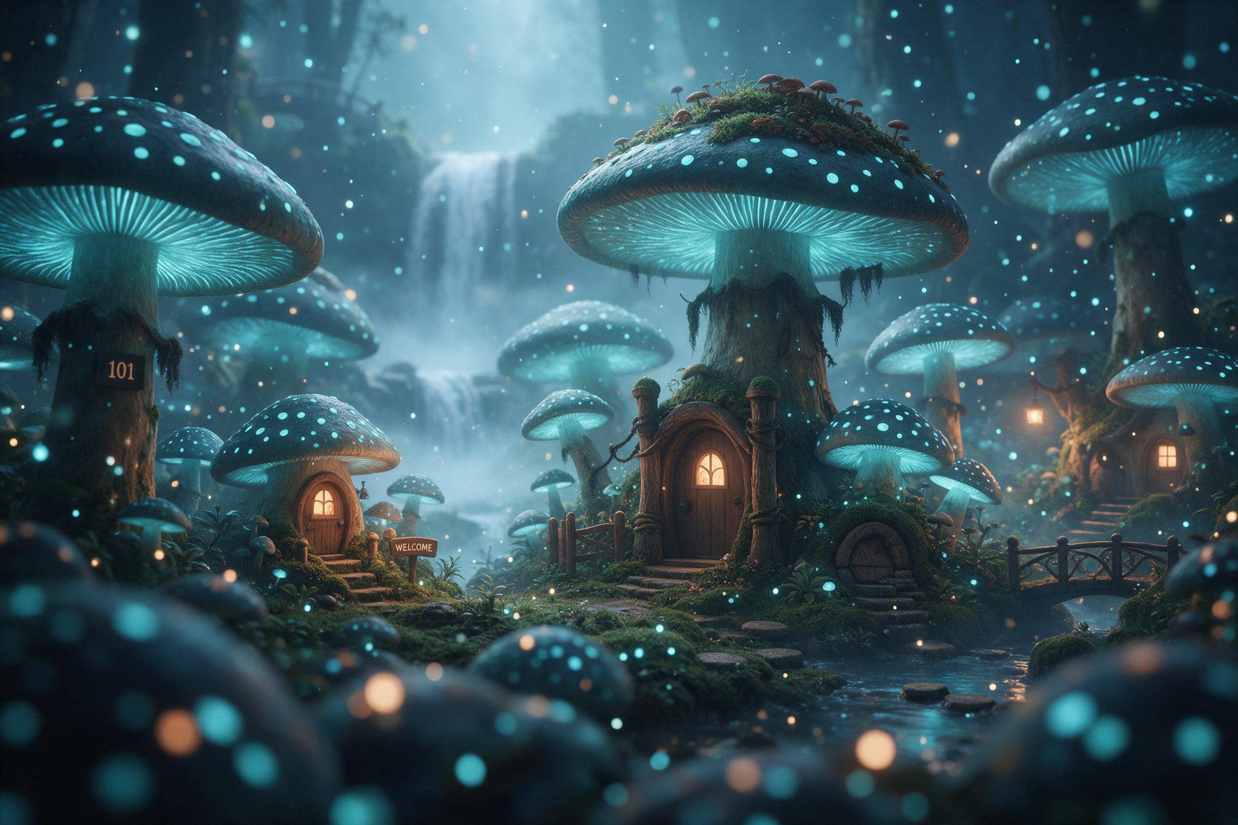 A hidden fairy village nestled within giant glowing mushrooms, bioluminescent spores drifting in the air, tiny doors with warm amber light spilling onto moss-covered steps, a misty waterfall cascading in the background, soft blue and green palette, magical atmosphere, depth of field with foreground 