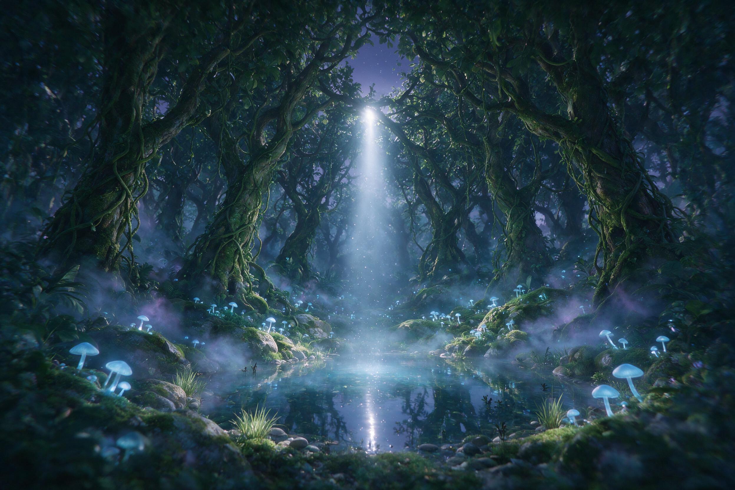 Ethereal forest at twilight, glowing blue mushrooms dot the mossy ground, a single beam of silver moonlight pierces through the dense canopy, illuminating a small crystal-clear pond, mist swirls gently, muted greens and purples, soft focus, slight camera shake.