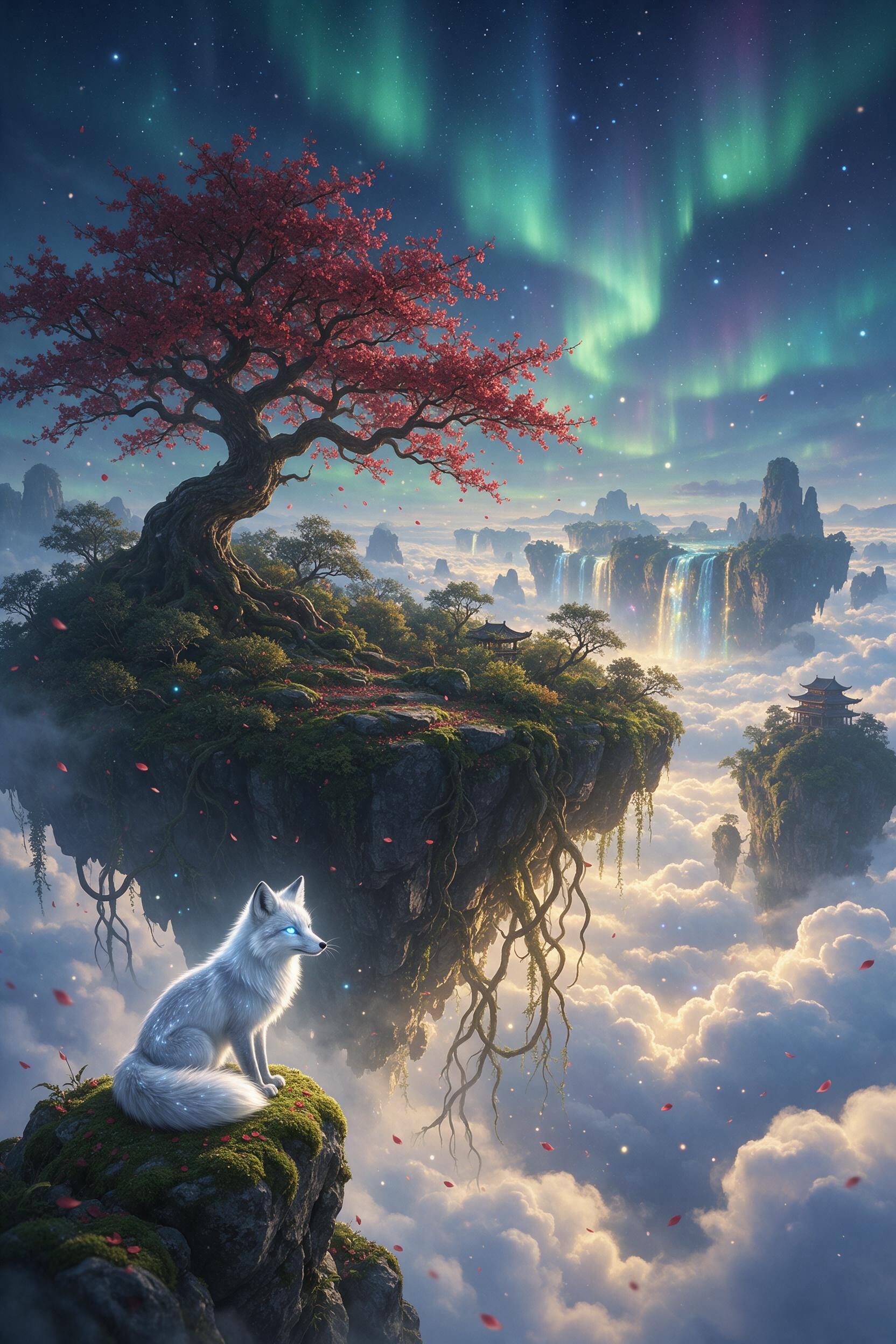 An ancient floating island with a crimson-blooming cherry tree, roots cascading into misty void. A glowing silver fox perched on a moss-covered rock, observing distant aurora-lit waterfalls that spill into clouds. Soft golden light from hidden valley below, ethereal atmosphere, gentle depth of field