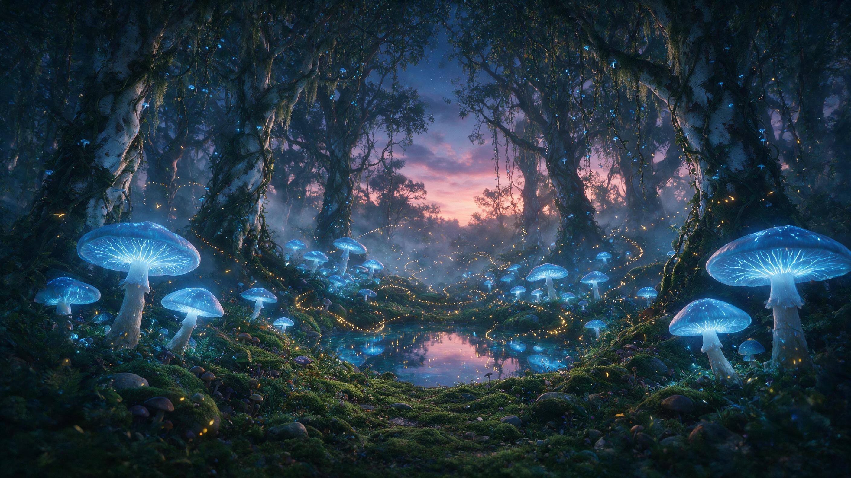A luminous forest at twilight where giant glowing mushrooms with bioluminescent blue caps cast soft light on a mossy path. Ancient twisted trees with silver bark rise through misty air, their branches interwoven with hanging vines. Fireflies drift in golden spirals around a small crystal-clear pool 