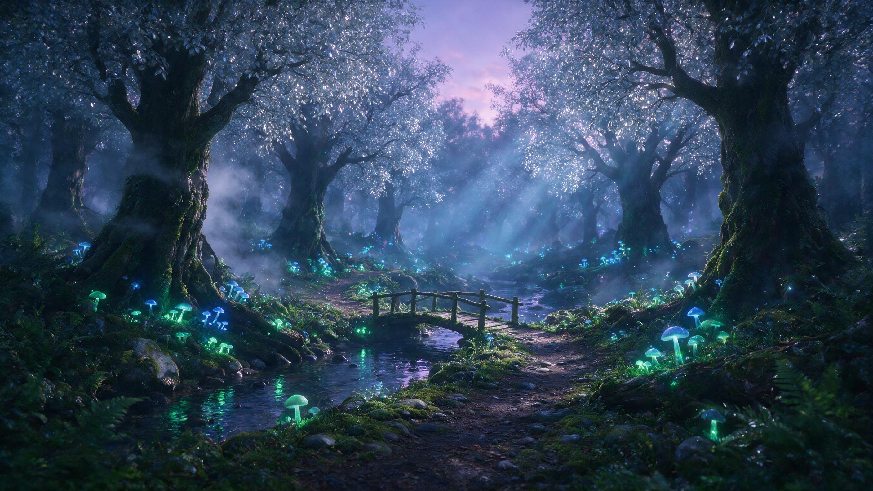 A misty forest at twilight, glowing bioluminescent mushrooms along a winding path, ancient towering trees with silver leaves, soft blue and purple light rays piercing through, a small wooden bridge over a narrow stream, ethereal atmosphere, dreamy composition.