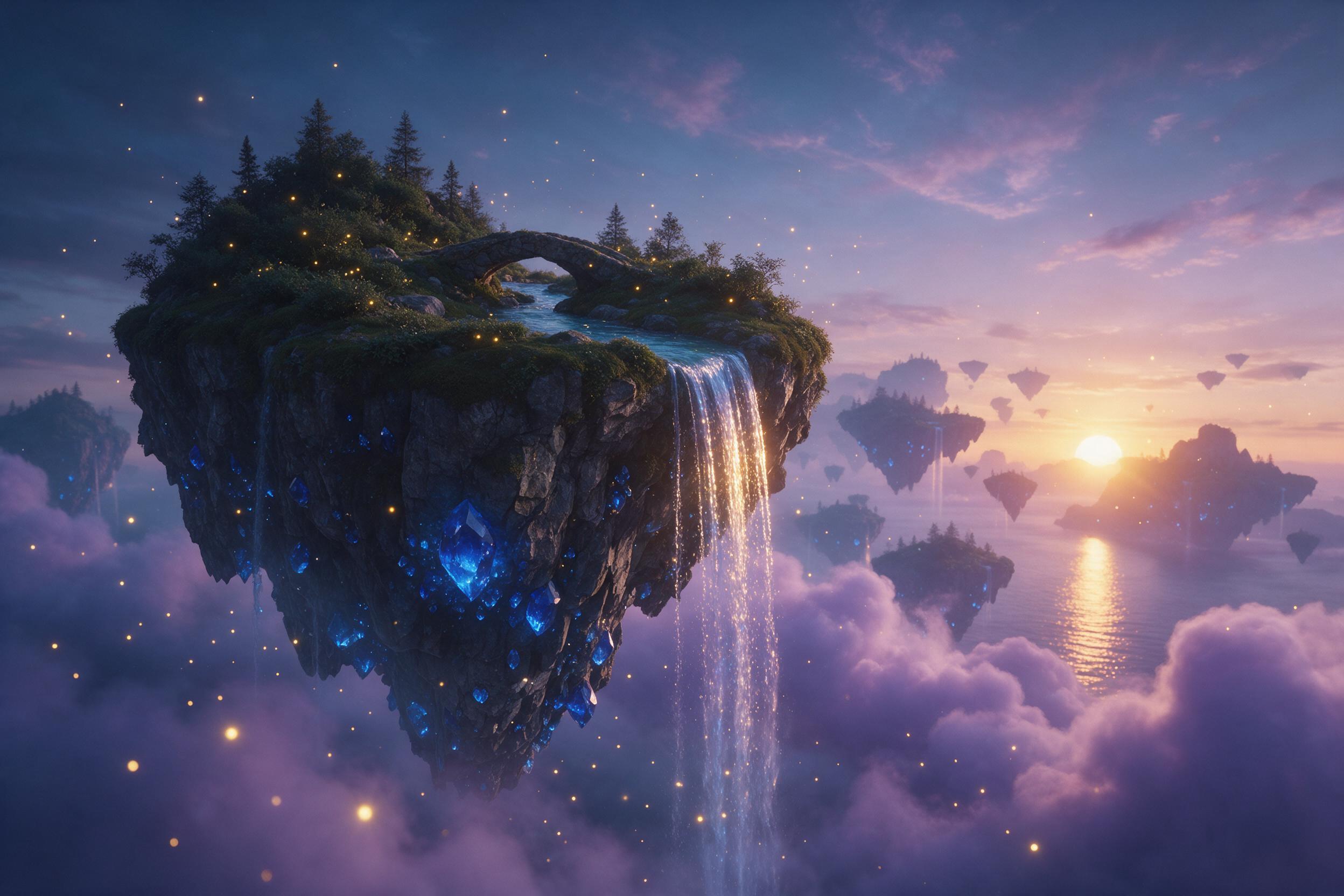A serene floating island at dusk, glowing blue crystals embedded in its rocky base, a lone silver waterfall cascading into an endless void below, soft violet clouds swirling around, warm golden light from a distant sun setting, fireflies sparkling, cinematic composition with deep contrast, ethereal 