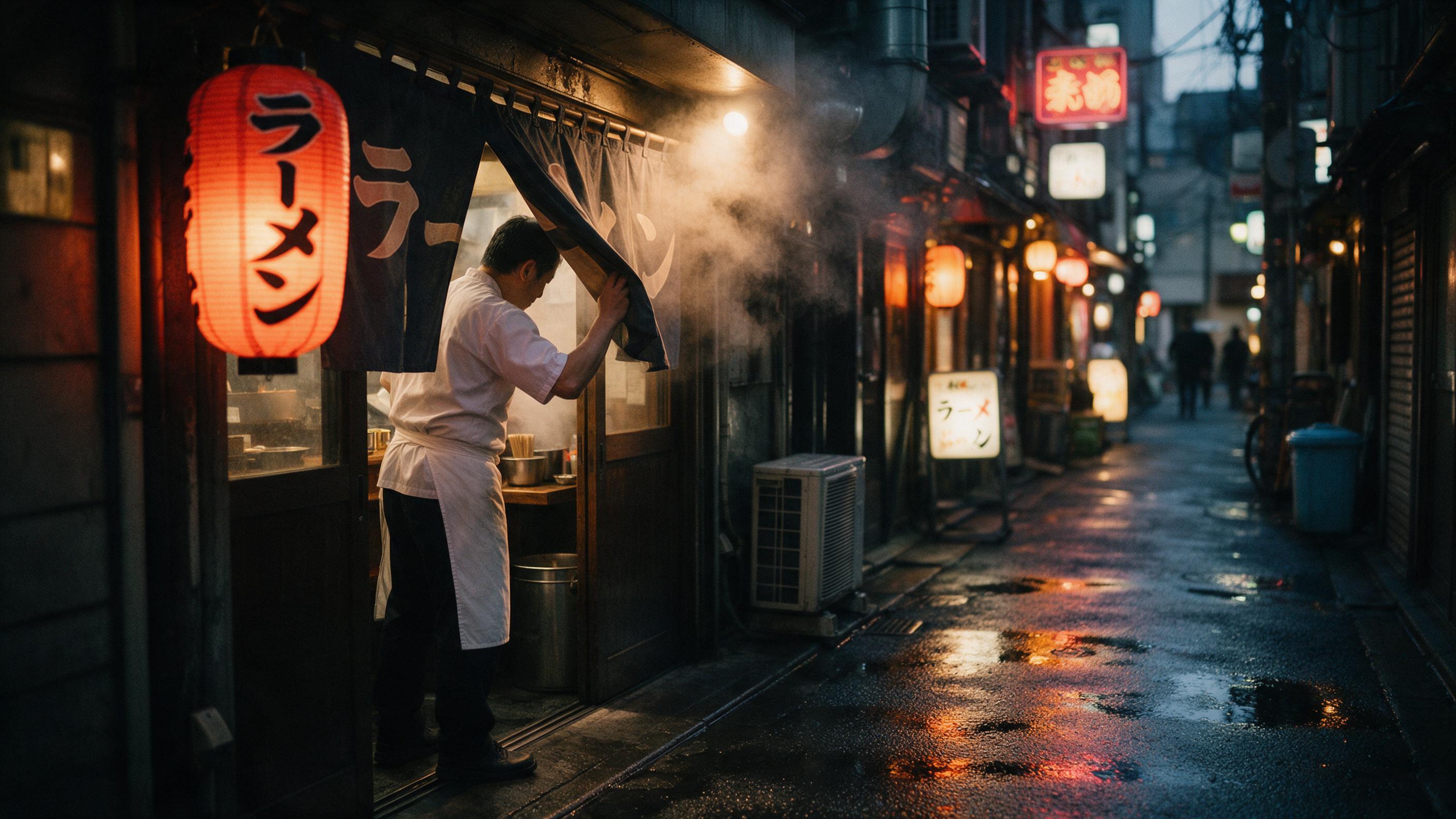 A narrow Tokyo alley at dusk, rain-slick asphalt reflecting warm neon signs, a lone chef in white apron pulling a hidden ramen shop’s curtain aside, steam rising, shallow depth of field, subtle film grain