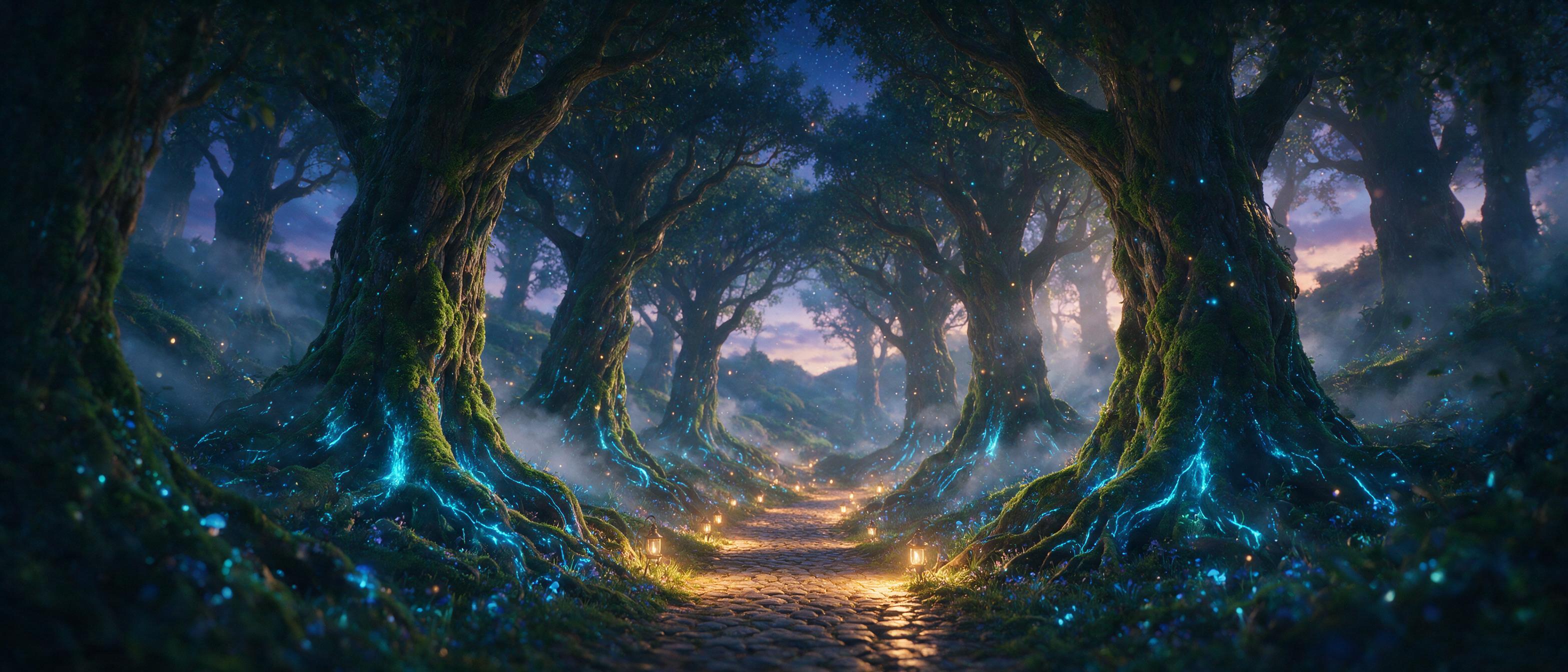 A luminous enchanted forest at twilight, ancient trees with glowing blue roots, floating bioluminescent spores, a winding path lit by soft golden light, misty air, ethereal atmosphere, shallow depth of field, cinematic composition