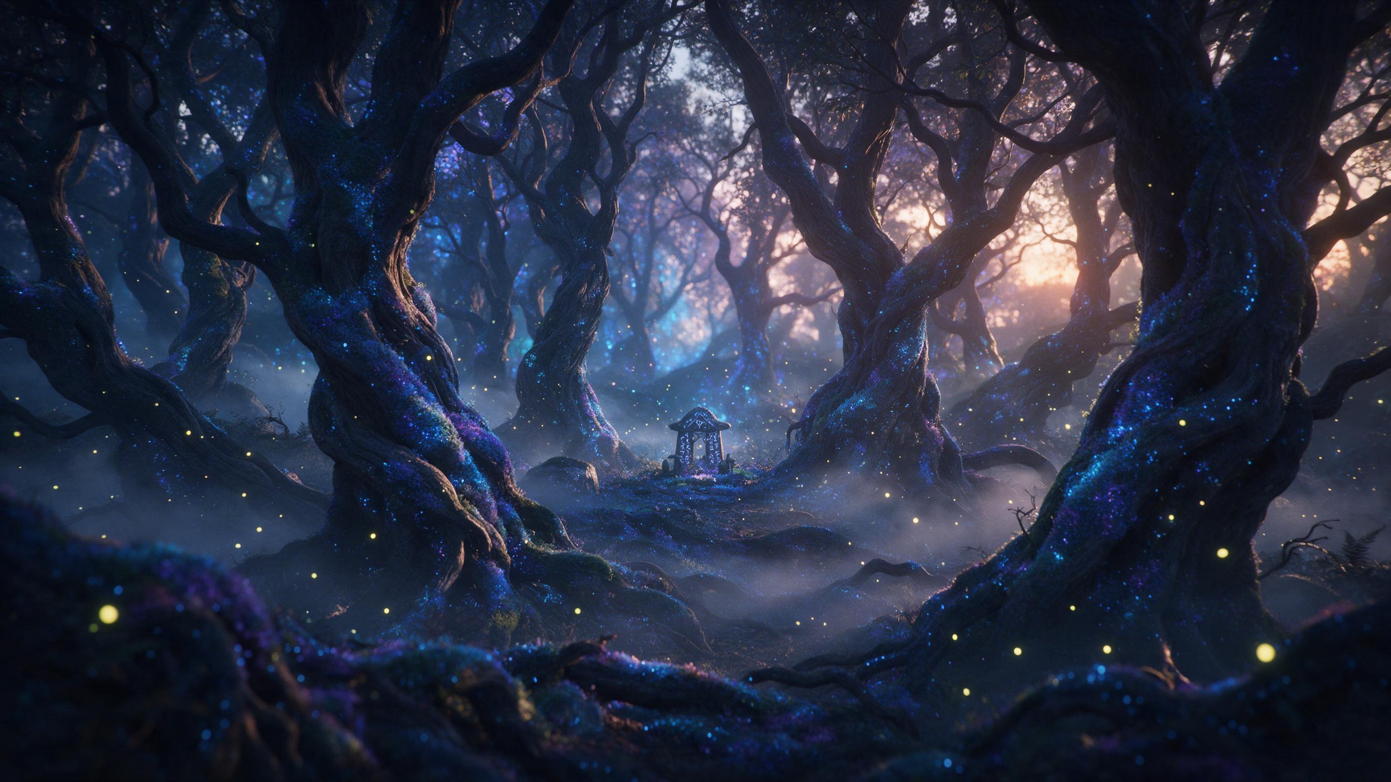 A mystical glowing forest at twilight, ancient twisted trees with bioluminescent blue and purple moss, soft mist weaving between trunks, a small stone altar covered in runes, fireflies floating like stars, cinematic side lighting from the setting sun breaking through canopy, gentle depth of field, m