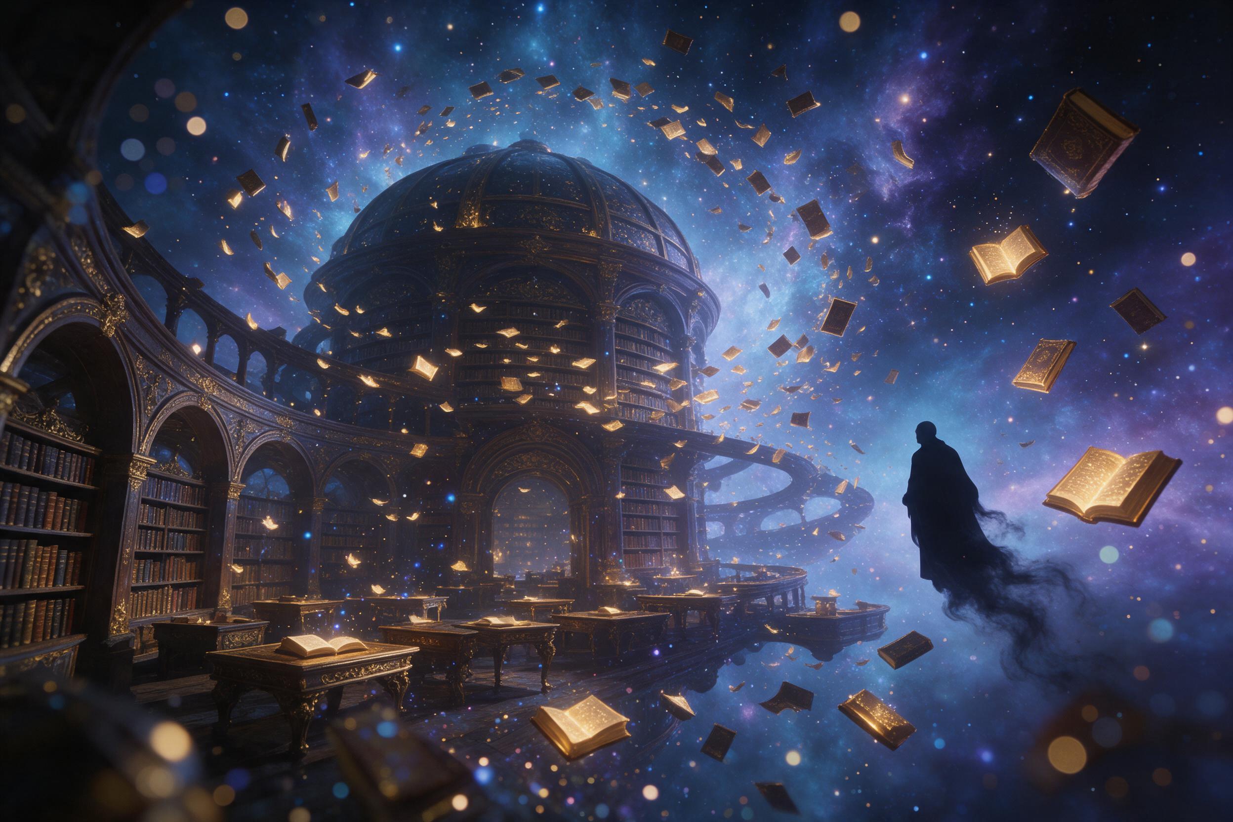 An ancient library floating on a nebula, thousands of glowing books spiraling upward like fireflies, iridescent dust motes catching soft blue starlight. Gilded shelves curve into impossible arches, shadows soften with bokeh. A silhouetted figure at the edge, robe trailing wisps of smoke. Cinematic w
