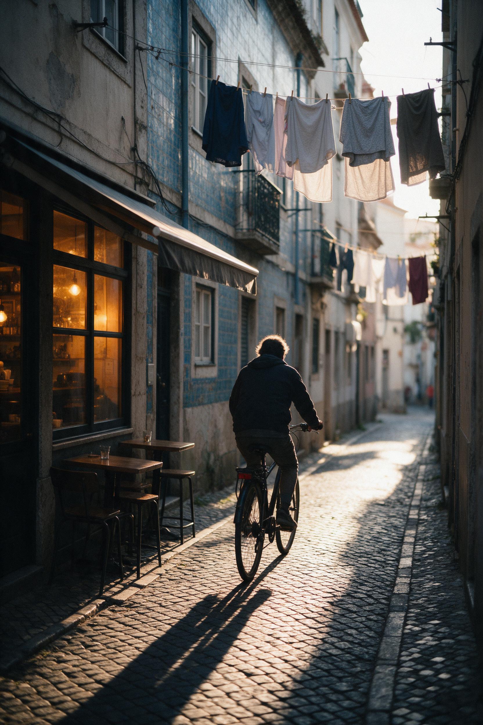 Golden hour spills through a narrow cobblestone alley in Lisbon; a weathered blue-tiled facade, laundry lines overhead, a lone cyclist pedaling past a cafe with warm glowing windows; shallow depth of field, slight film grain, natural backlight casting long shadows.