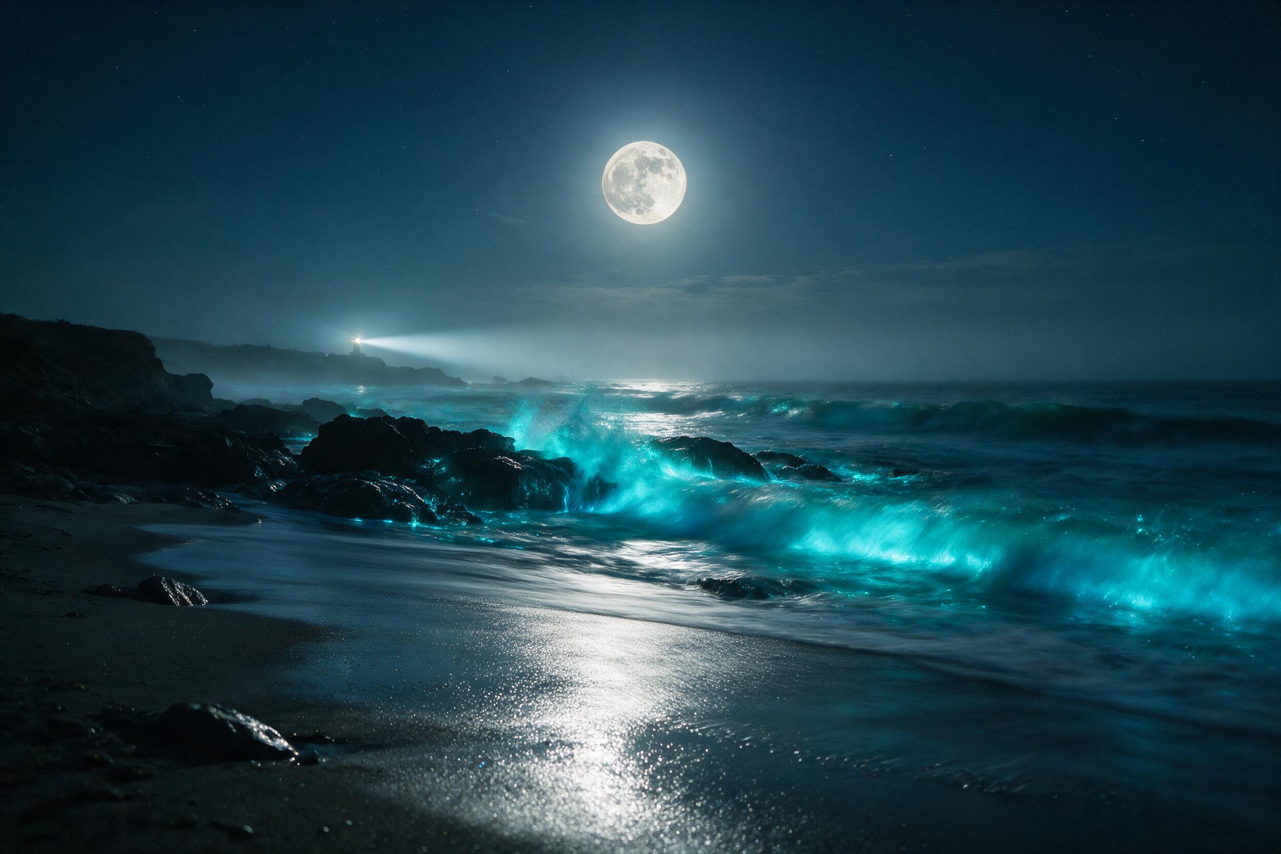 Midnight coastline under a full moon, bioluminescent waves crashing against dark rocks, silvery light reflecting on wet sand, distant lighthouse beam cutting through mist, long exposure smooth water, cool blue and teal palette, subtle grain, wide-angle composition emphasizing foreground textures