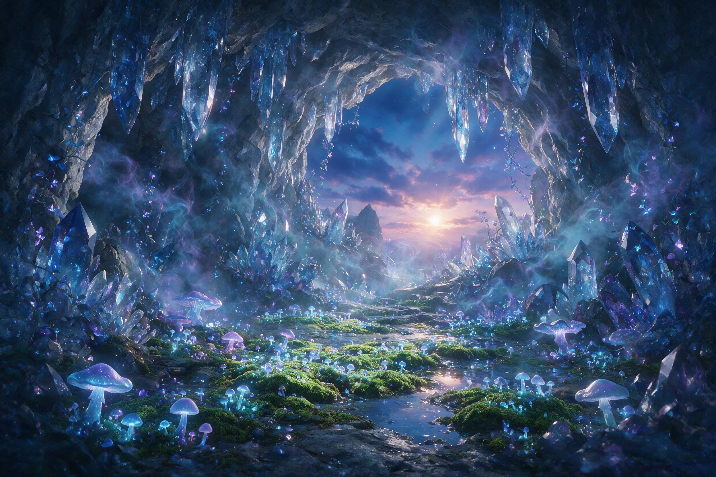 A luminous crystal cave at twilight, glowing blue and violet mushrooms scatter across damp stone floor, ethereal mist swirls around stalactites, bioluminescent vines climb the walls, soft golden light from a distant opening, painted digital art style, rich textures, atmospheric depth.
