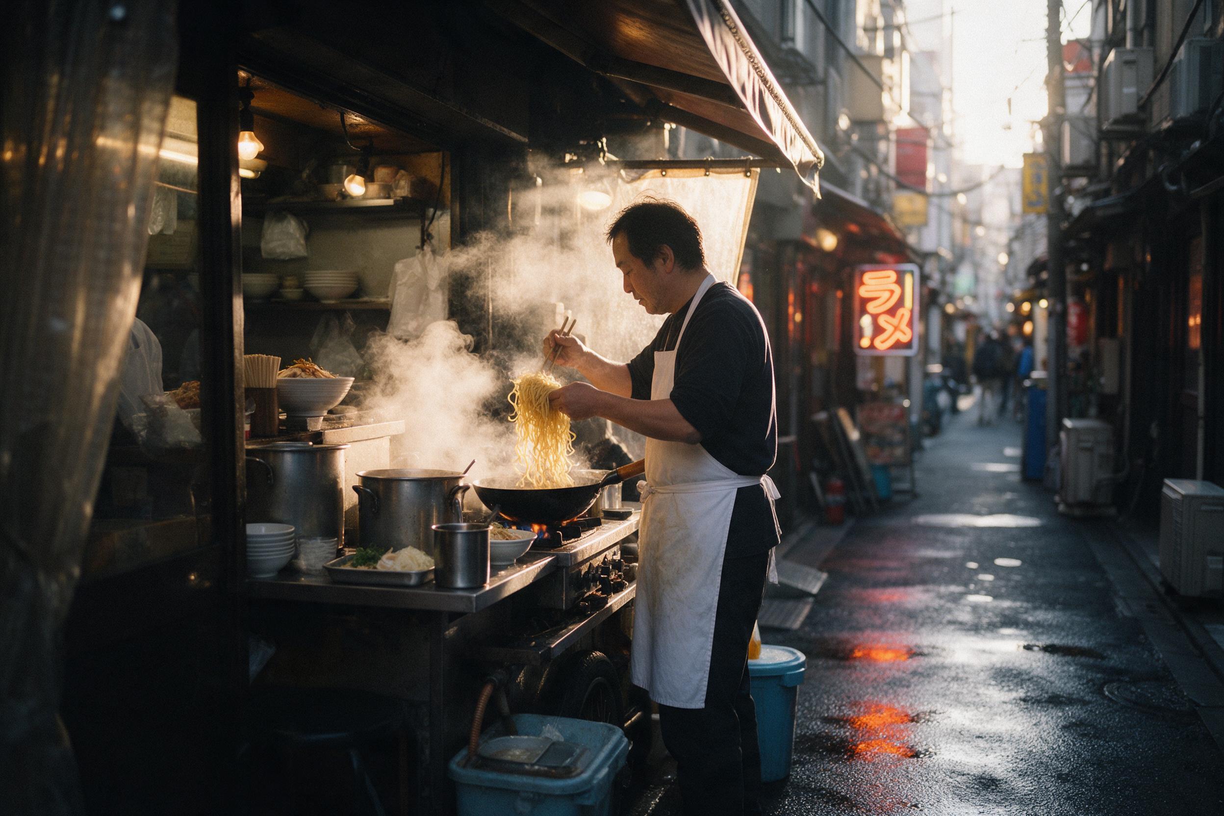 Golden hour spills through a narrow Tokyo alley, steam rising from a ramen stall, a chef in white apron tossing noodles, warm neon signs reflecting on wet asphalt, shallow depth of field, slight grain, candid street photography composition.