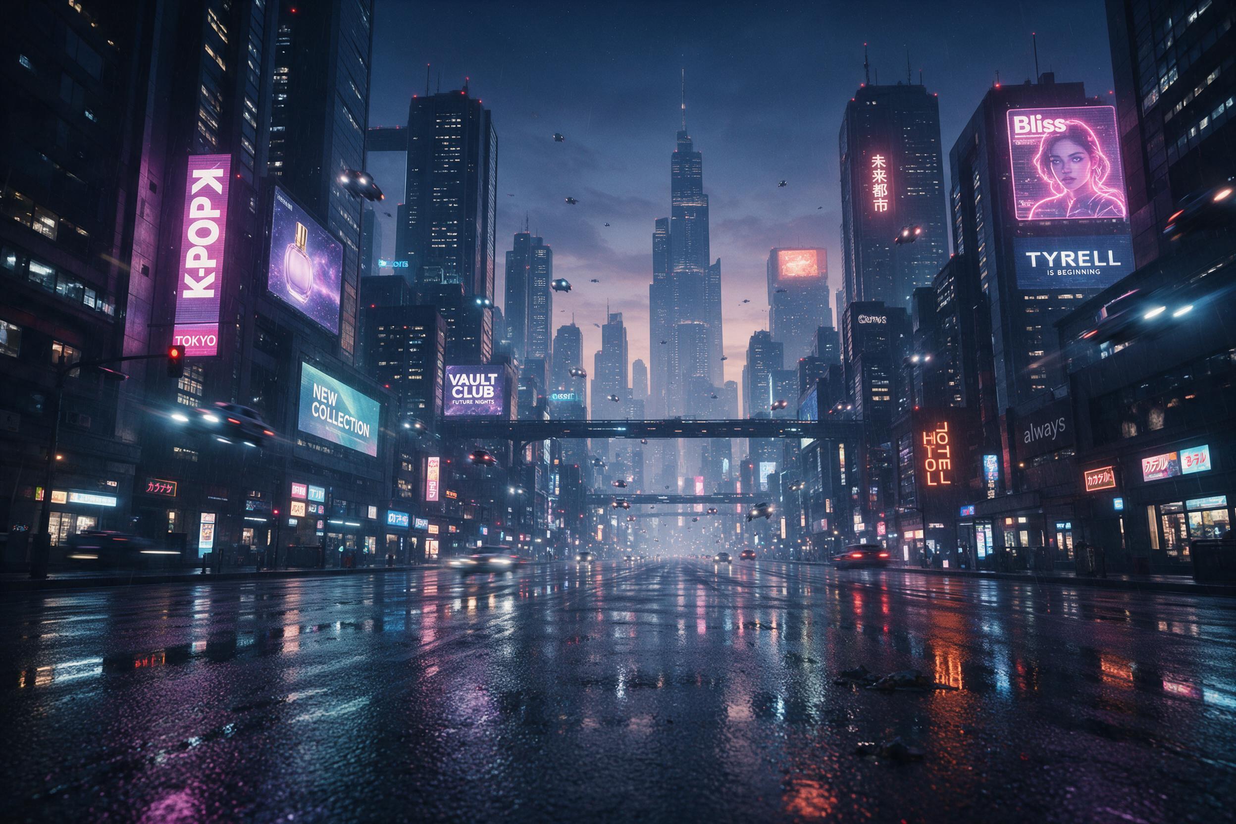 A sprawling neon-lit megacity under a permanent twilight, with holographic billboards and flying vehicles streaking between towering skyscrapers. Rain-slicked streets reflect the glow. Slight lens flare and motion blur, wet asphalt texture, high-contrast shadows. No people visible.