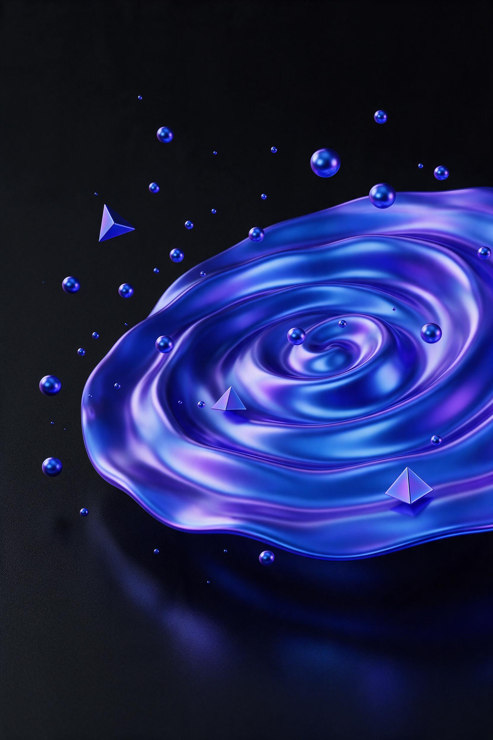 Abstract composition of glowing liquid metal ripples in deep sapphire and electric violet, suspended droplets frozen mid-air, soft studio lighting creating subtle reflections on a black matte surface, minimalist aesthetic, fluid curves and sharp geometric edges, tasteful negative space, no text or w