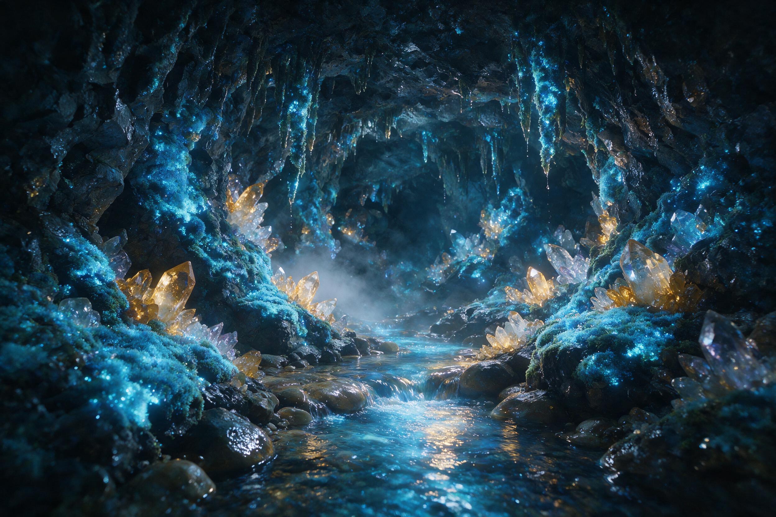 A luminous crystal cave deep underground, glowing blue moss covers the walls, a small stream of glowing water flows through the center, soft mist rises, warm golden light from crystals reflects on wet stone, slight camera shake, natural lighting, ethereal atmosphere