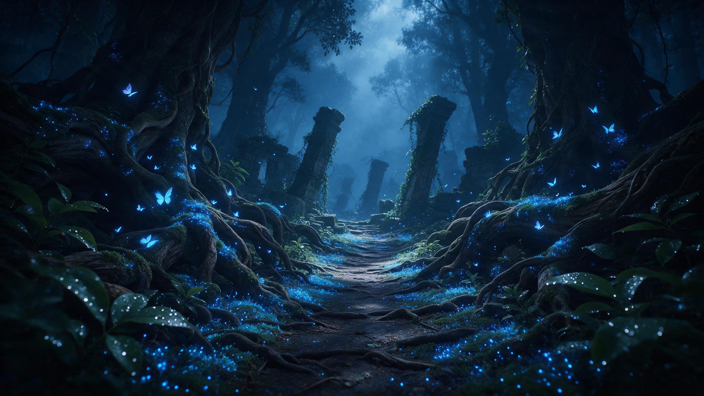 Ancient forest path, bioluminescent moss glowing blue, luminescent butterflies drifting among giant gnarled roots, misty air illuminated by soft moonbeams, water droplets on leaves catching light, weathered stone ruins half-buried, leaning pillars covered in vines, layered depth with towering silhou