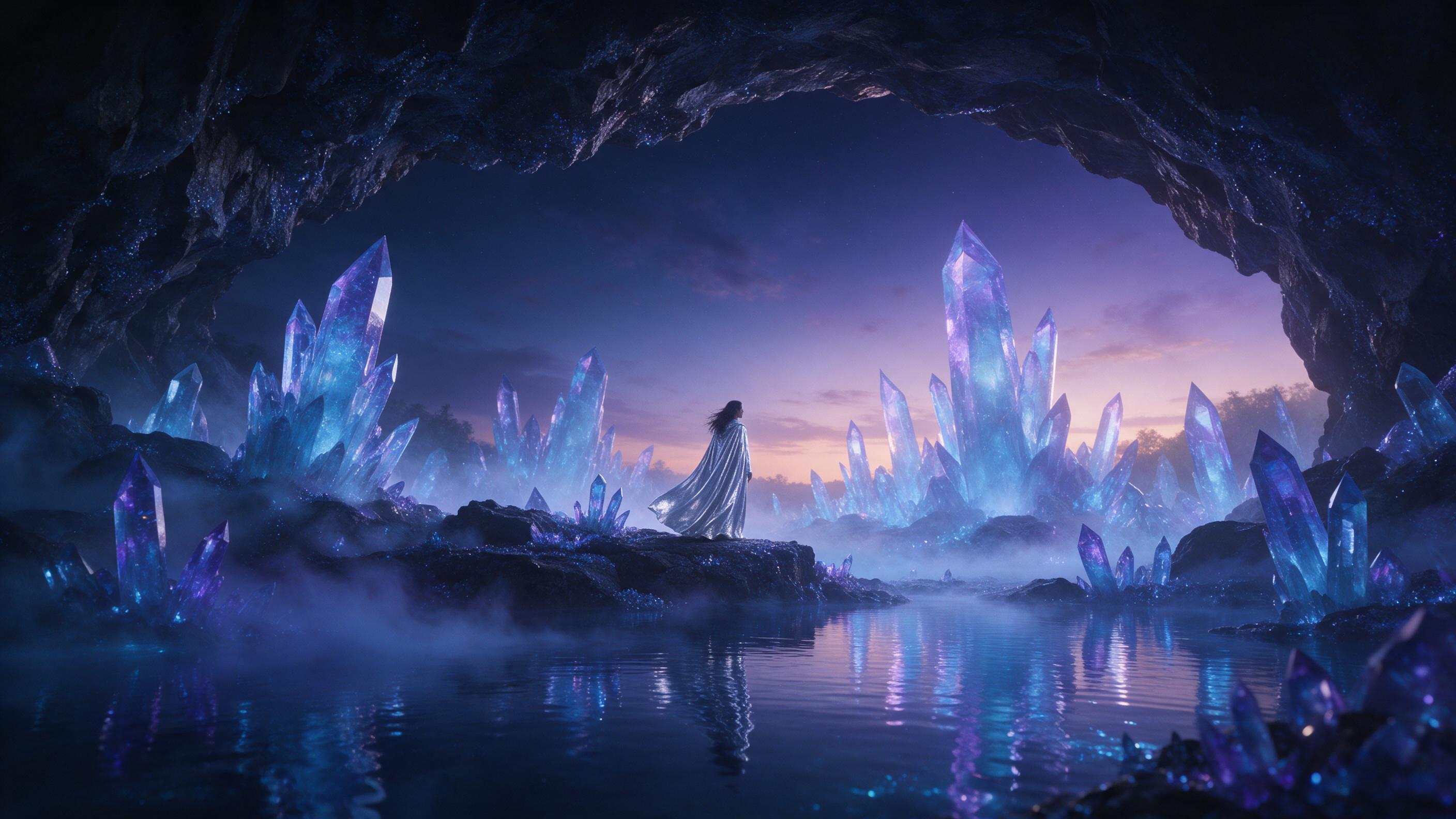 A glowing crystal cavern beneath a twilight sky, luminescent blue and violet crystals sprout from the ground, casting shimmering reflections on a still underground lake, ethereal mist swirling, a lone figure in a flowing silver cloak standing on a rocky ledge, soft bioluminescent light from the crys