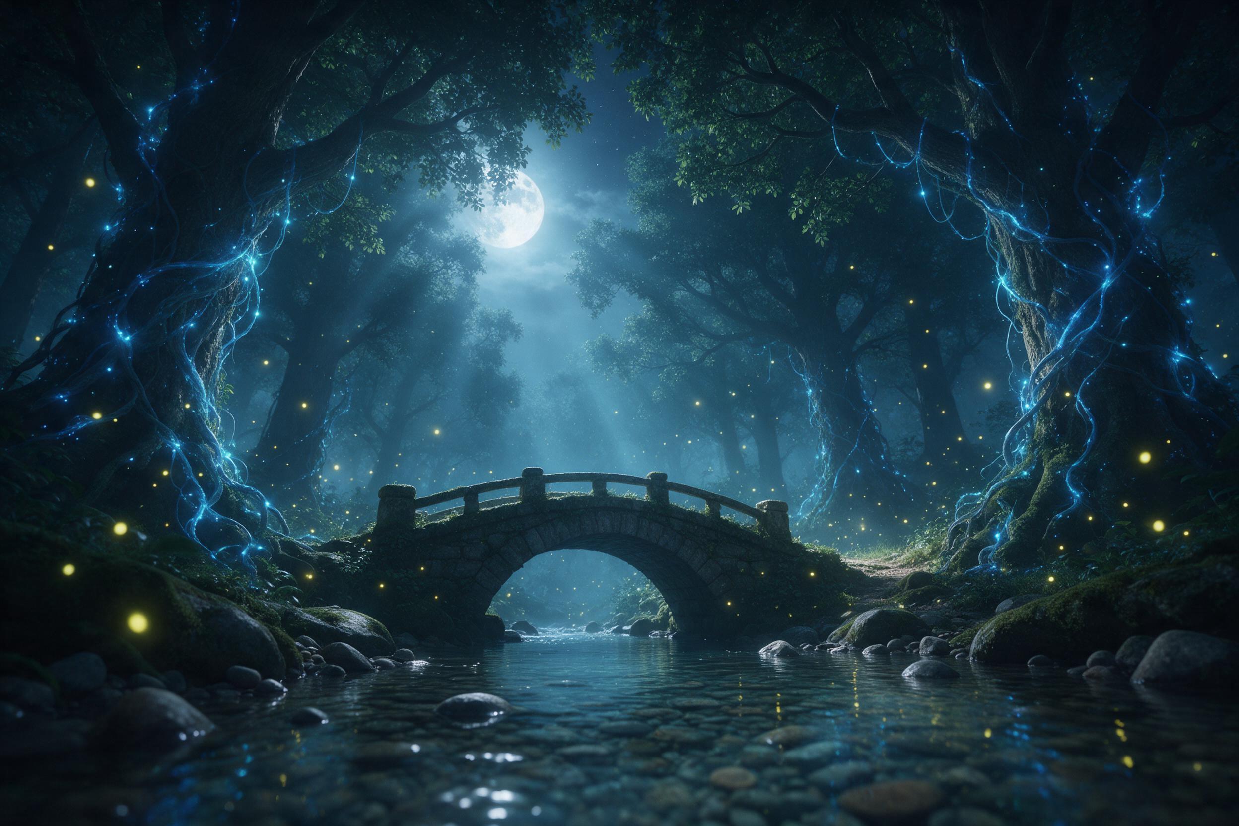 A moonlit enchanted forest with towering ancient trees draped in glowing blue vines, a small stone bridge crossing a crystal-clear stream, fireflies drifting through misty air, soft volumetric light from between leaves, muted teal and purple palette, slight grain for atmospheric depth, low angle com