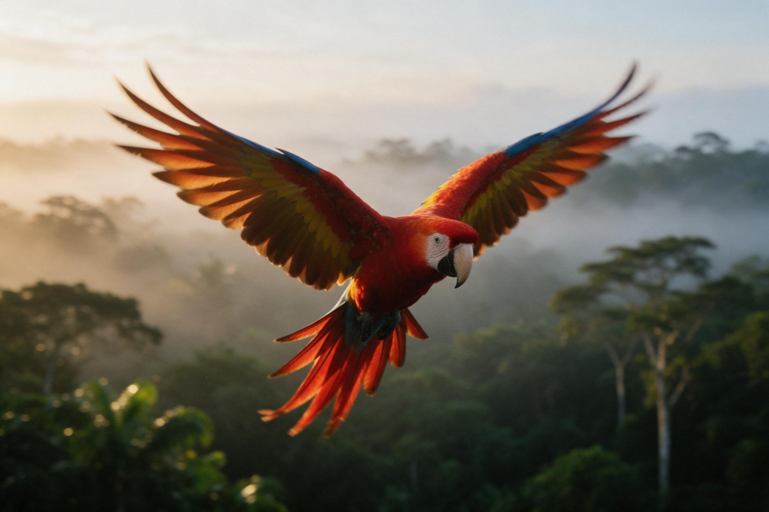 A scarlet macaw in mid-flight over a misty rainforest canopy at dawn, wings fully spread catching golden sunlight, individual feathers with soft focus, background blurred to depth, subtle film grain, natural lighting, slight motion blur