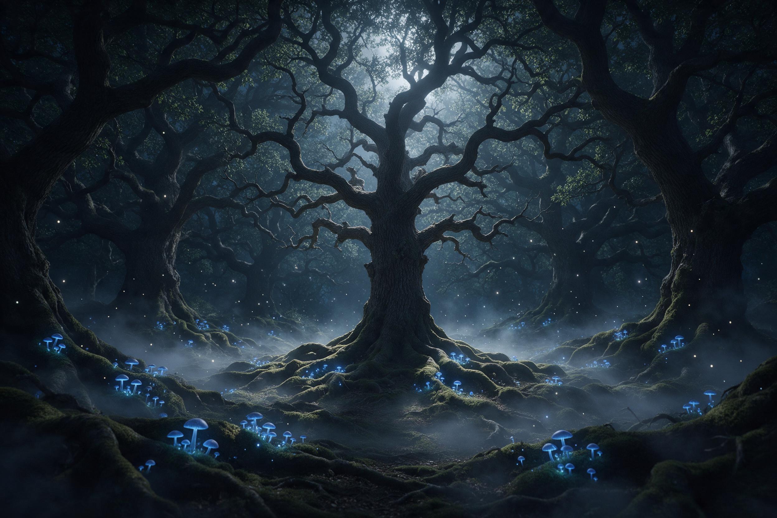 A moonlit forest clearing where ancient oaks intertwine with glowing blue mushrooms, a gentle mist curls around mossy roots, and floating light particles drift like fireflies. Diffuse silver light filters through the canopy, with deep shadows contrasting soft highlights. The composition centers on a