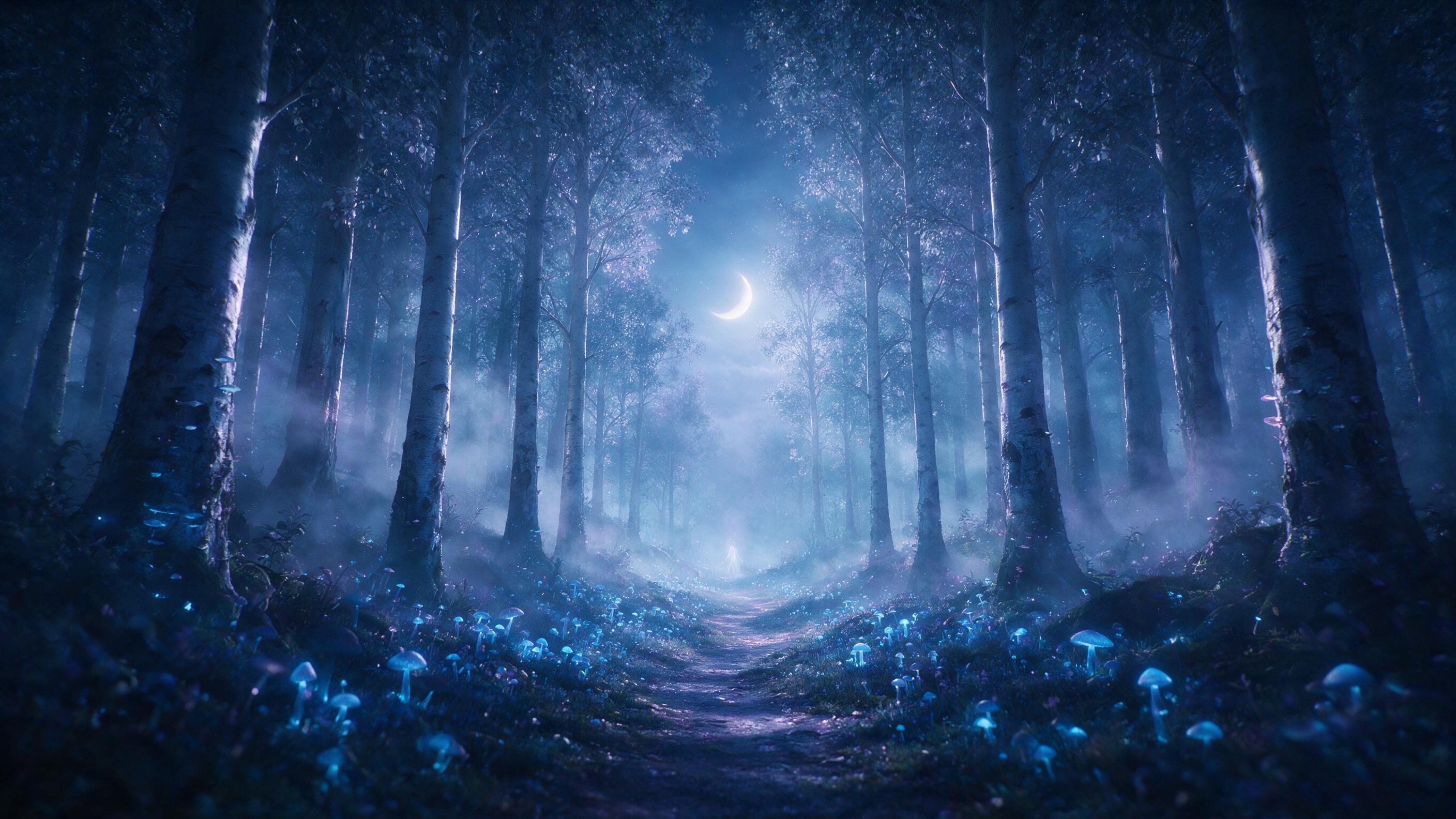 A moonlit enchanted forest with towering silver trees, glowing blue mushrooms lining a winding path, soft mist curling between trunks, a faint ethereal figure in white at the distance, cool blue and purple palette, gentle volumetric light from a crescent moon, cinematic composition with leading line