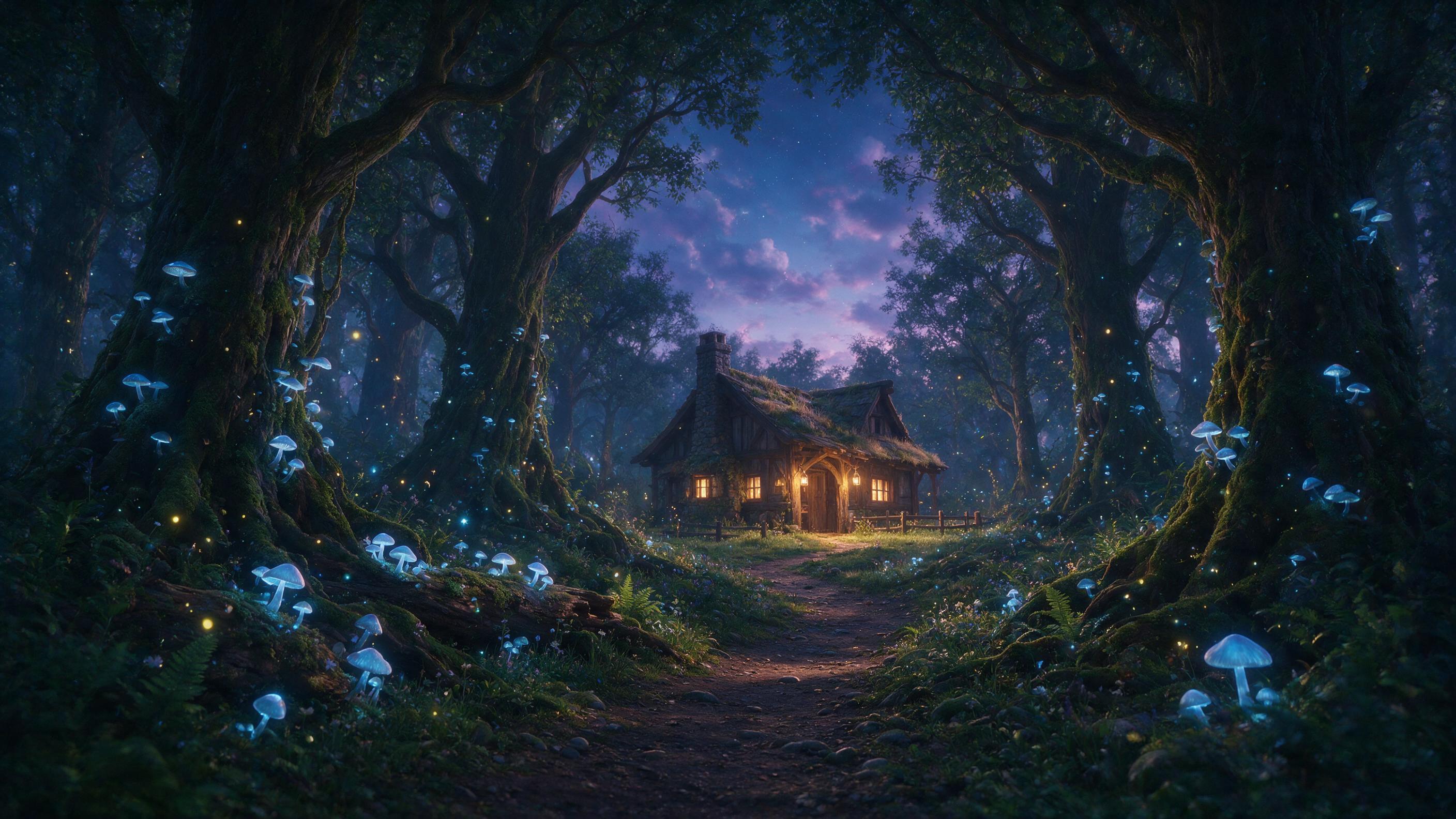 A mystical forest at twilight, where ancient trees with glowing blue mushrooms line a winding path, soft bioluminescent particles float in the air, warm golden light seeps from a distant cottage, cinematic composition, ethereal atmosphere, natural lighting from above.