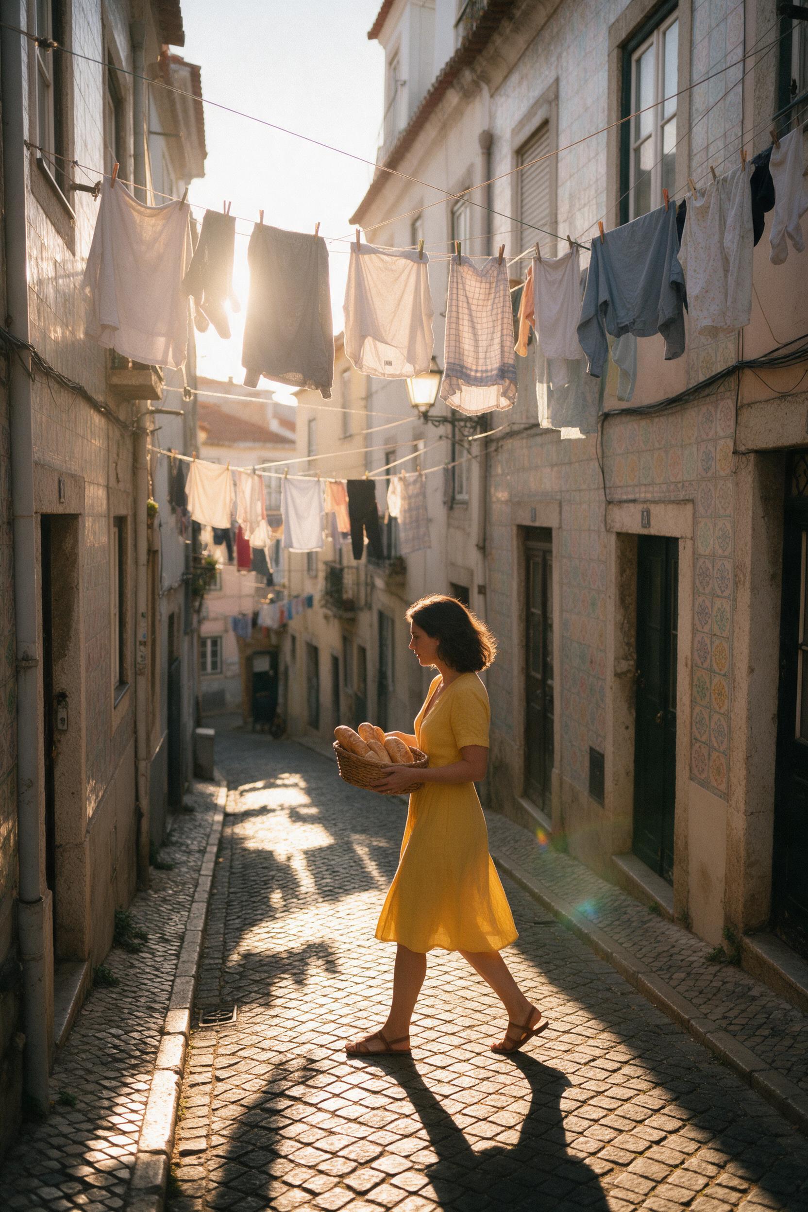 A narrow cobblestone alley in Lisbon at golden hour, laundry lines crisscross overhead, warm light casting long shadows, a woman in a yellow dress walking with a basket of bread, faded pastel tiles on walls, slight lens flare, candid street photography with natural grain