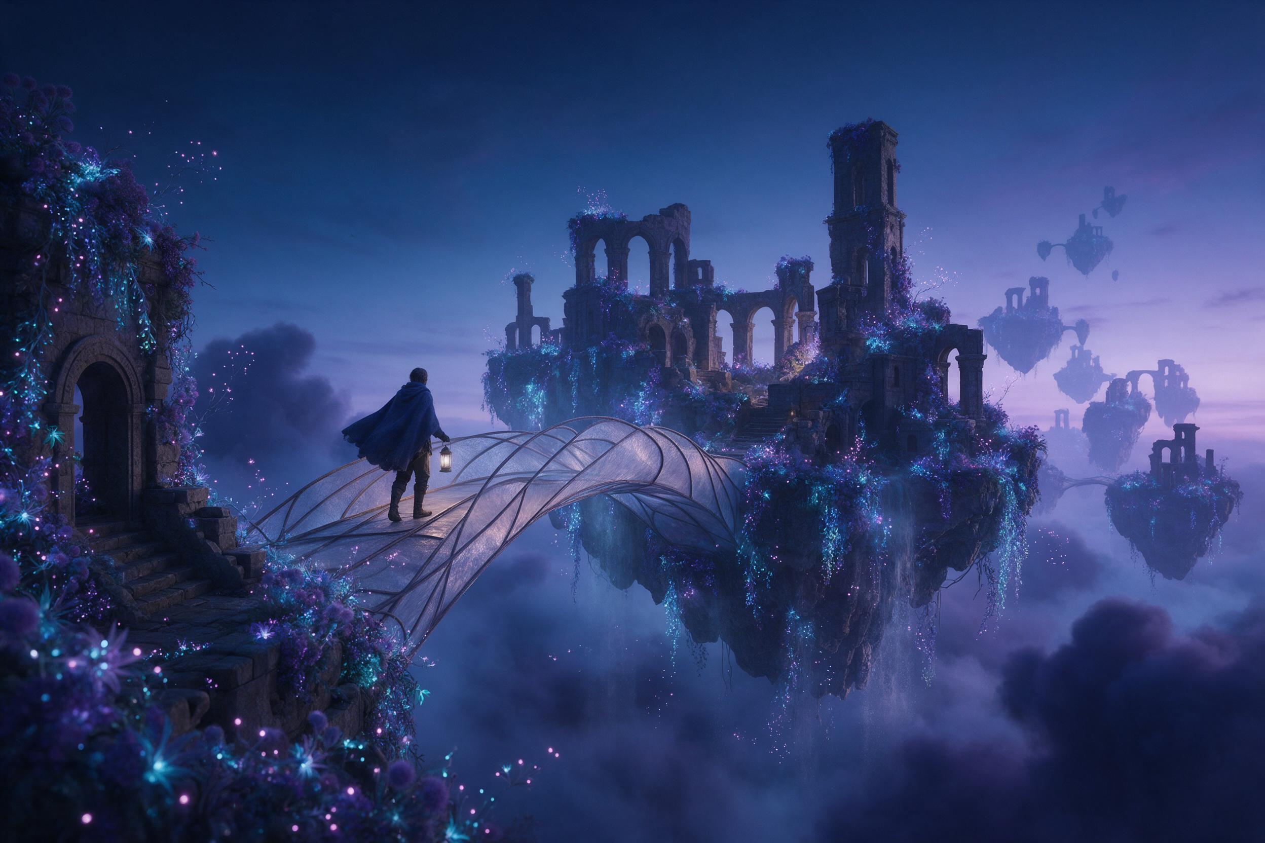 An ethereal floating garden suspended in twilight sky, glowing bioluminescent flora cascading over ancient stone ruins, soft purple and blue hues, a lone traveler with a lantern crossing a translucent bridge, mist swirling below, dreamy atmosphere, cinematic composition