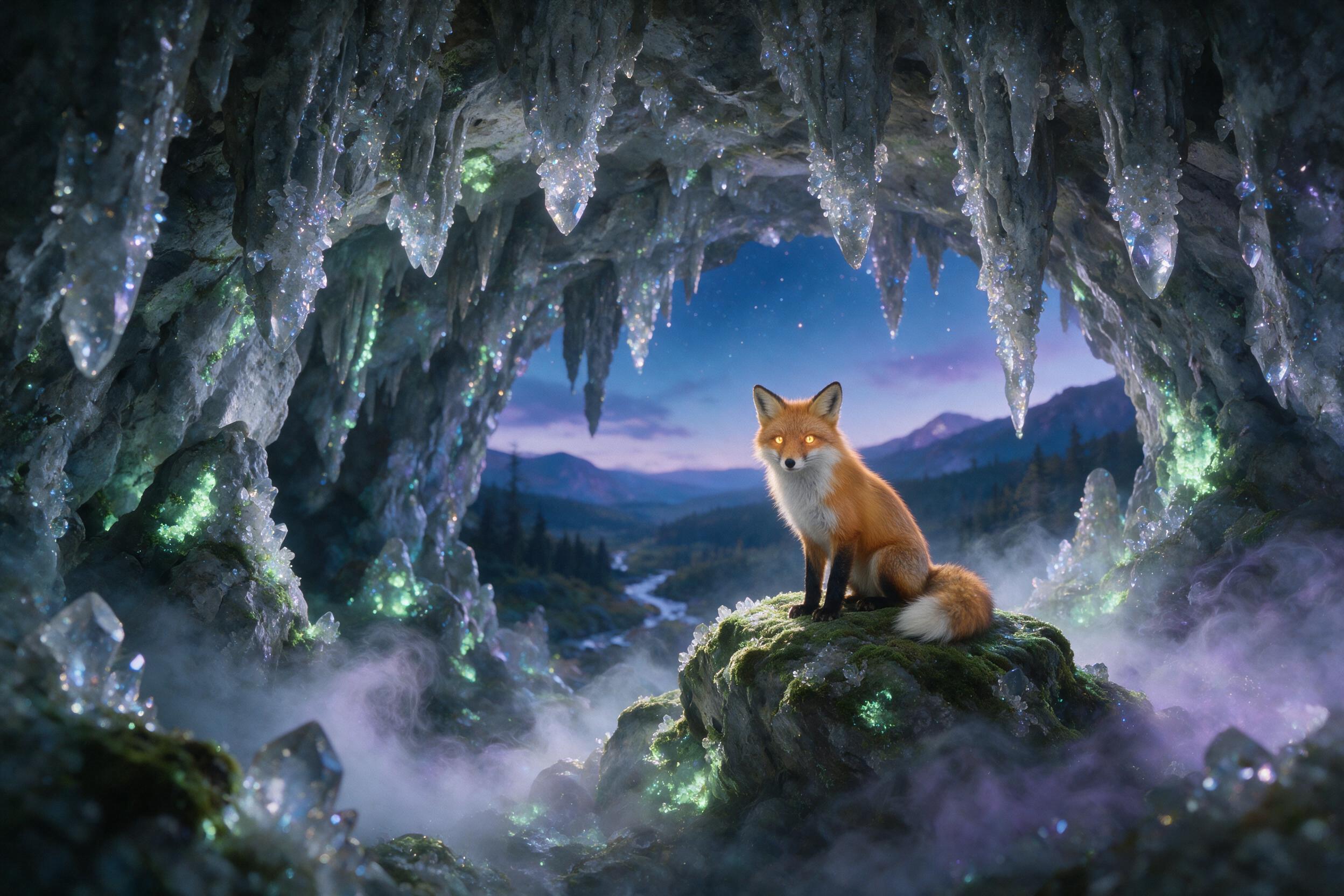 A luminous crystal cave at twilight, bioluminescent moss clinging to jagged stalactites, a swirling mist of silver and lavender, a lone fox with glowing amber eyes perched on a mossy rock, soft diffused light from the crystals, shallow depth of field, subtle grain, natural color palette with cool to