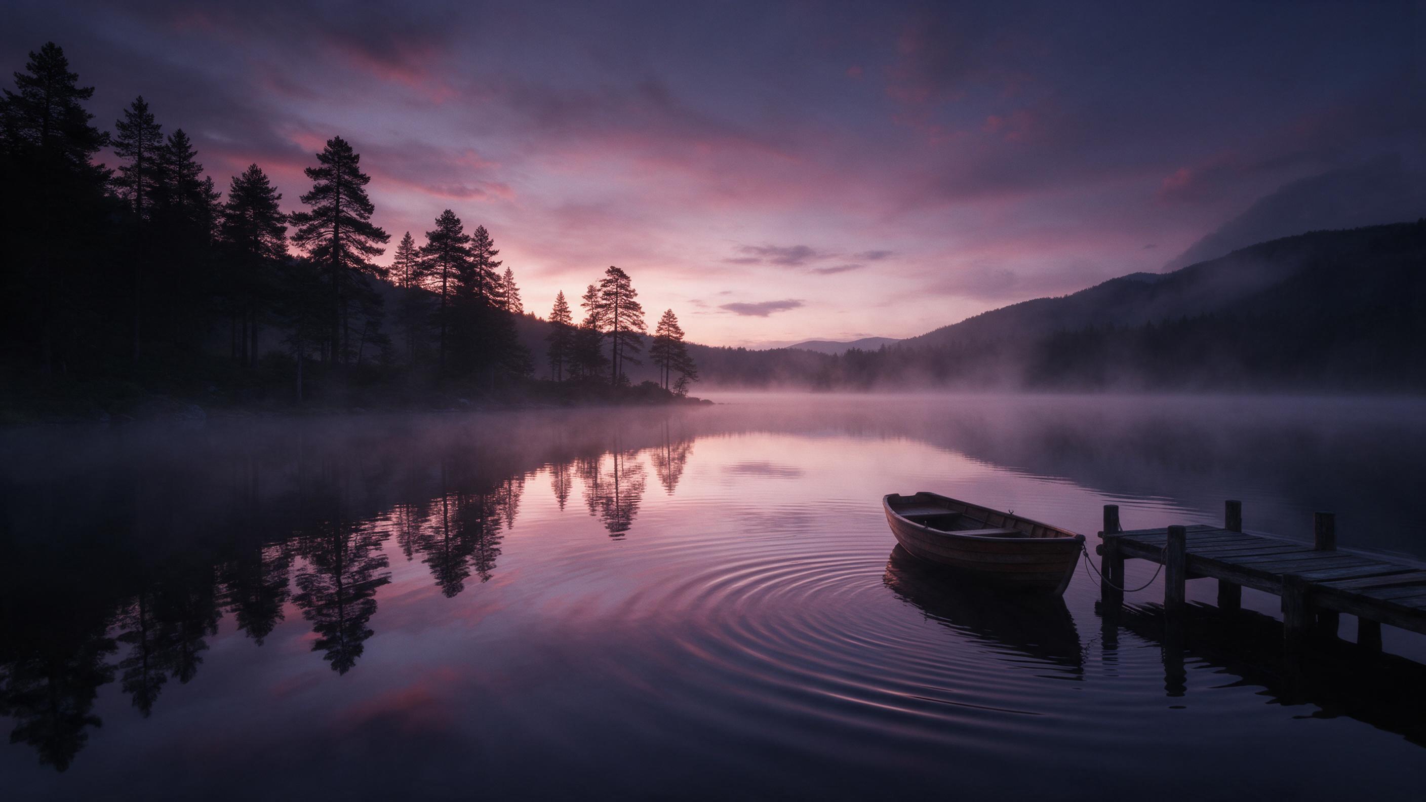 A calm mountain lake at twilight, glassy water reflecting deep purple and pink sky, silhouetted pine trees along the shore, soft mist rising off the surface, a lone wooden rowboat tied to a weathered dock, gentle ripples catching the last light, natural color grading with muted tones, quiet atmosphe