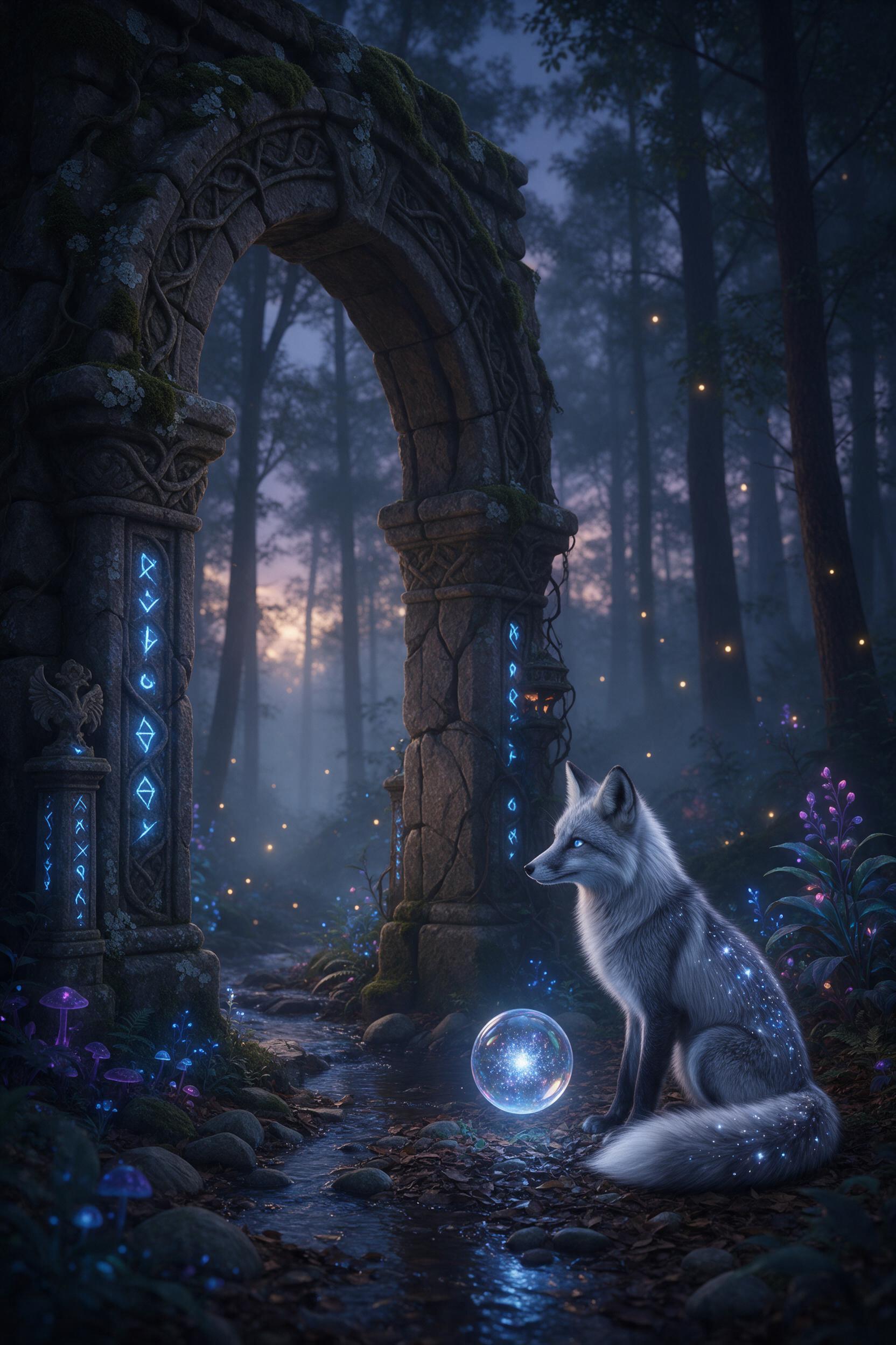 An ancient, moss-covered stone archway stands in a misty twilight forest, glowing blue runes etched along its surface. A silver-furred fox with starry patterns on its back sits beside it, tail curling around a small, floating crystalline orb. Soft bioluminescent plants and fireflies scatter light th