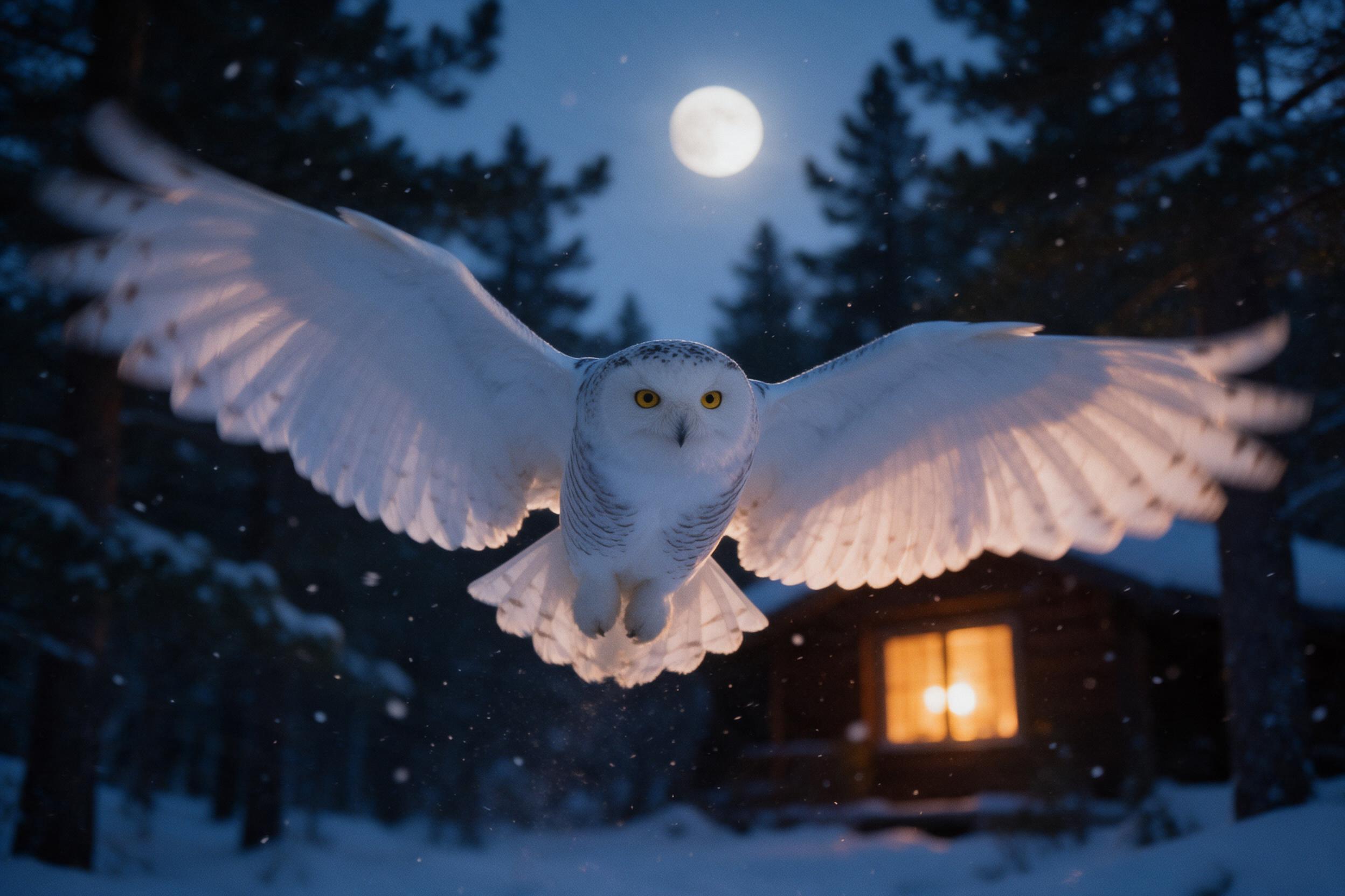 A snowy owl in mid-flight over a moonlit pine forest at dusk, wings fully spread, feathers catching soft blue twilight and warm amber light from a distant cabin window, subtle snowflakes swirling, shallow depth of field, natural motion blur on wingtips, shot on 35mm film with slight grain.
