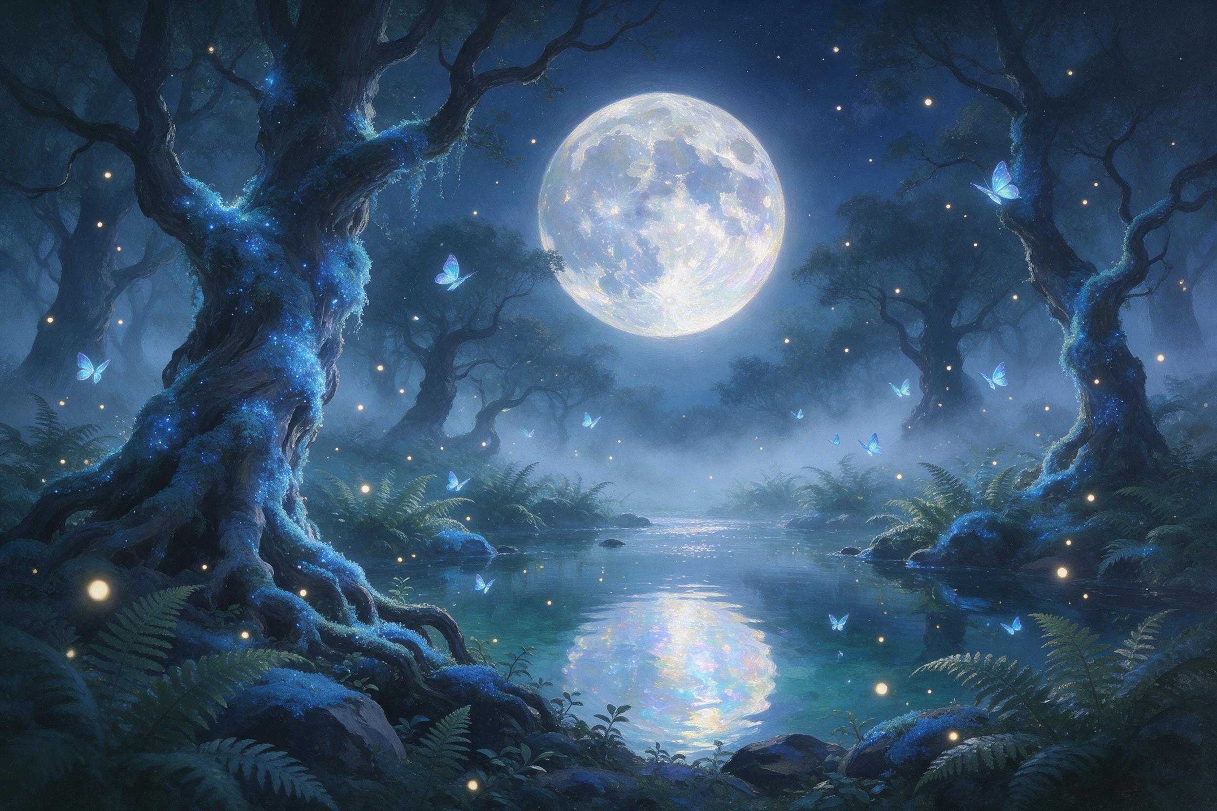 A moonlit enchanted forest clearing, ancient gnarled trees with glowing blue moss, a small crystal-clear pond reflecting a giant iridescent moon, soft fog weaving between ferns, fireflies and luminescent butterflies, ethereal atmosphere, painterly style with soft brushstrokes and gentle color gradie