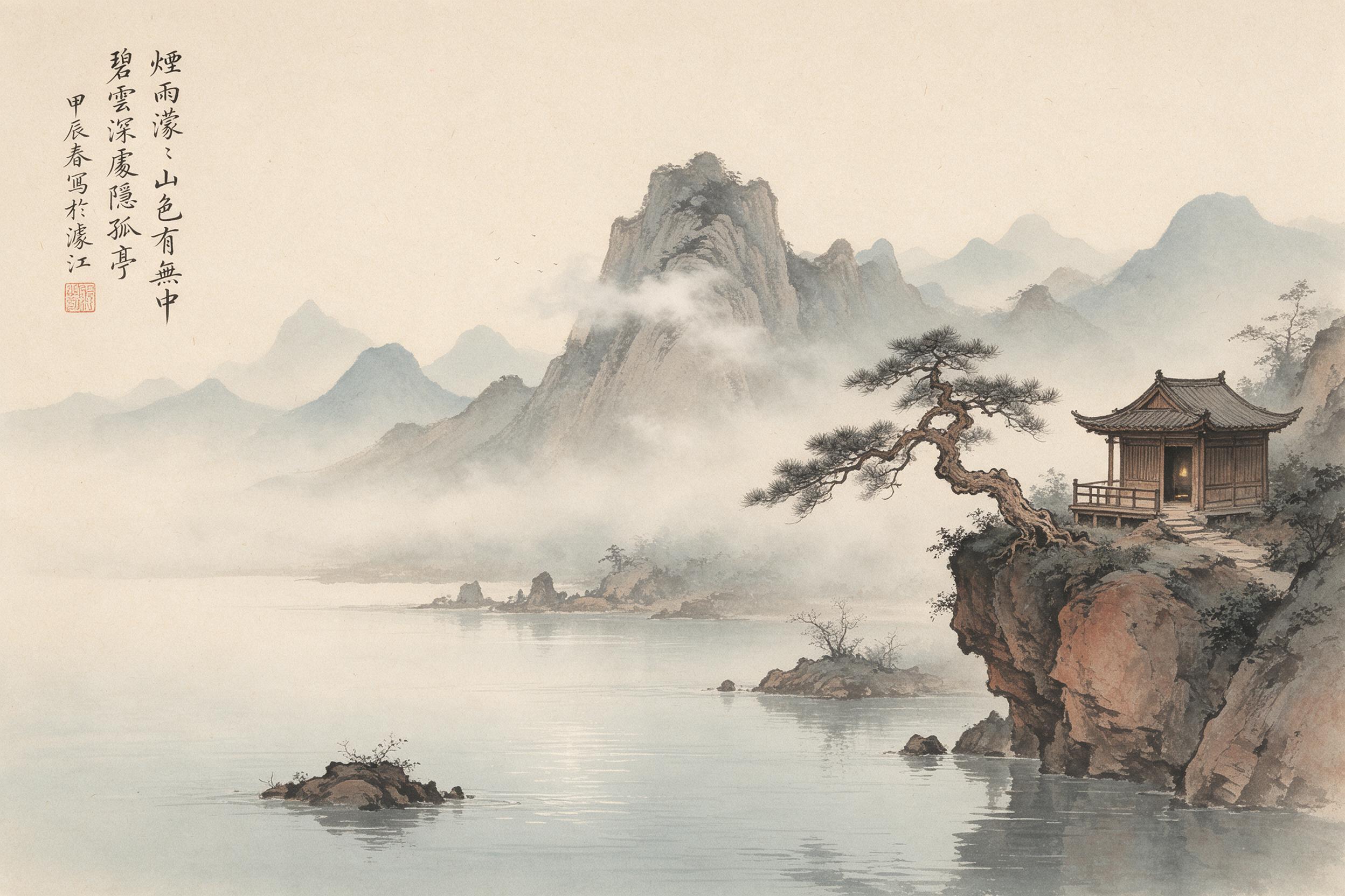 Misty morning over a serene Chinese landscape, layered mountain ridges fading into pale blue fog, lone pine clinging to a cliff, small wooden pavilion with curved roof, soft water reflections, ink wash texture, muted earth tones, minimalist composition with negative space top left, gentle breeze sti