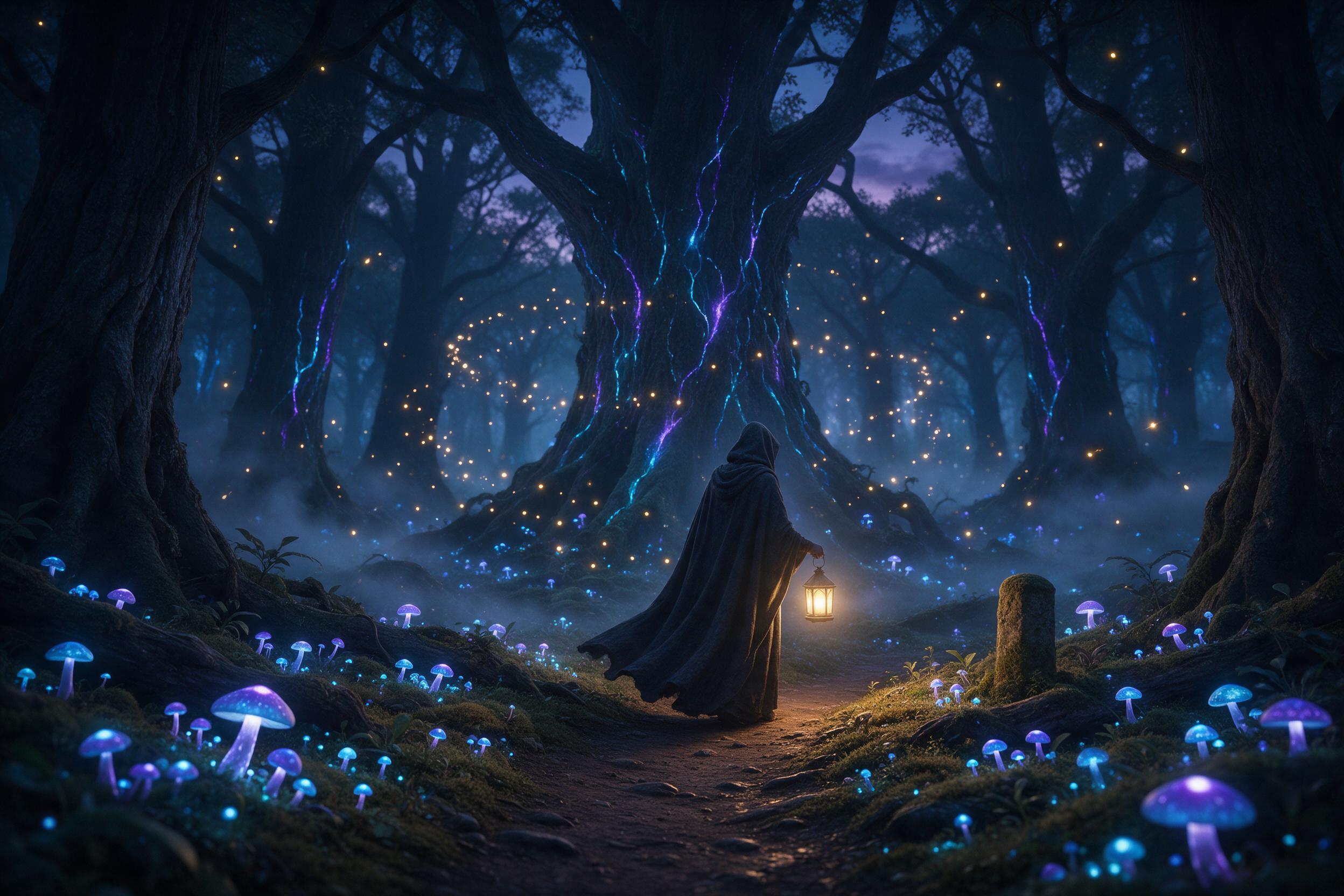 A bioluminescent forest at twilight, towering ancient trees with glowing blue and purple veins, luminous mushrooms carpeting the mossy ground, ethereal mist weaving between trunks, soft golden fireflies drifting in spiral patterns, a lone figure in a cloak with a small lantern standing on a winding 