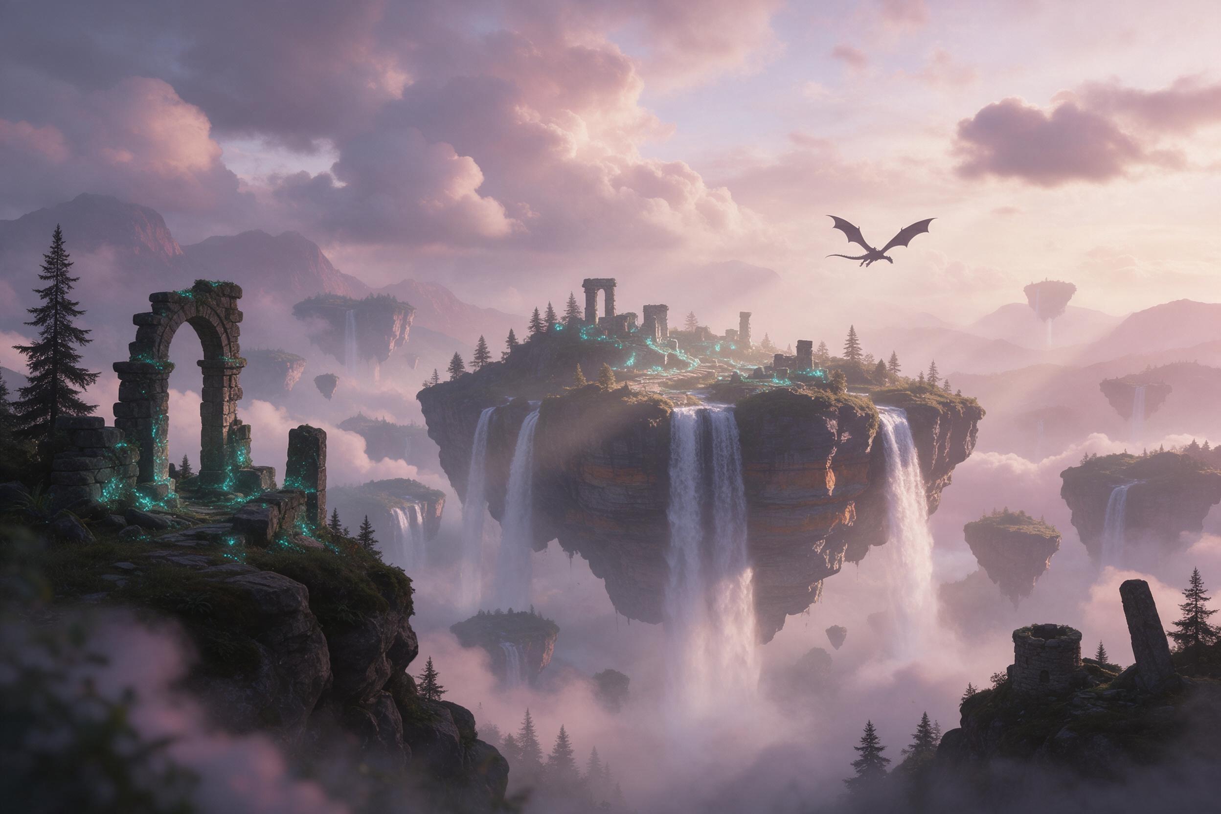 A misty valley at dawn, floating islands with waterfalls, ancient stone ruins covered in glowing moss, ethereal light rays piercing through clouds, a small dragon silhouette in the distance, soft pastel colors with deep shadows, cinematic composition