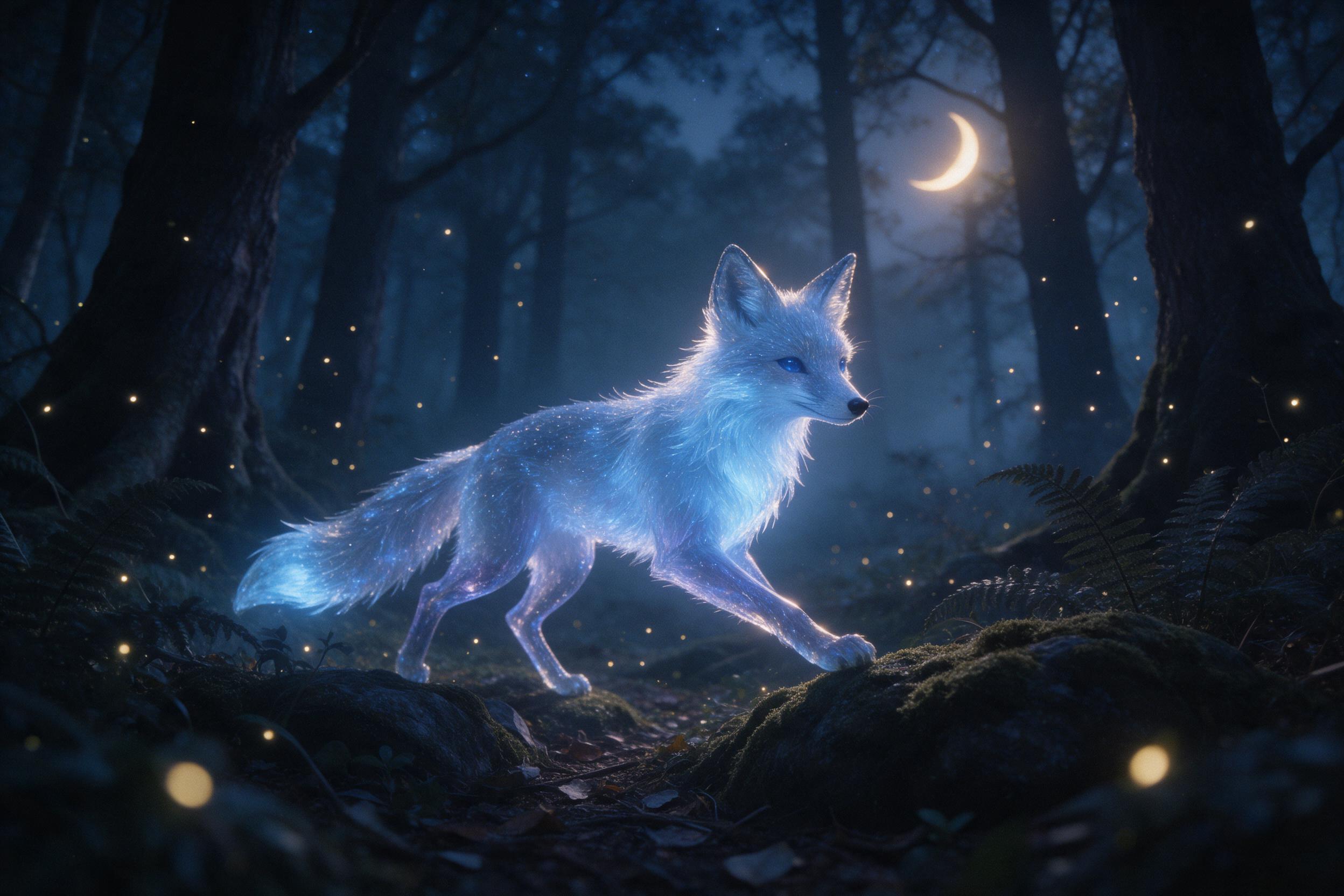 A glowing crystal fox steps through a twilight forest, its fur translucent with pulsing blue light, mossy stones and ferns around, fireflies swirling in the damp air, deep mist settles between ancient trees, soft golden rim light from the crescent moon, shallow depth of field, subtle film grain