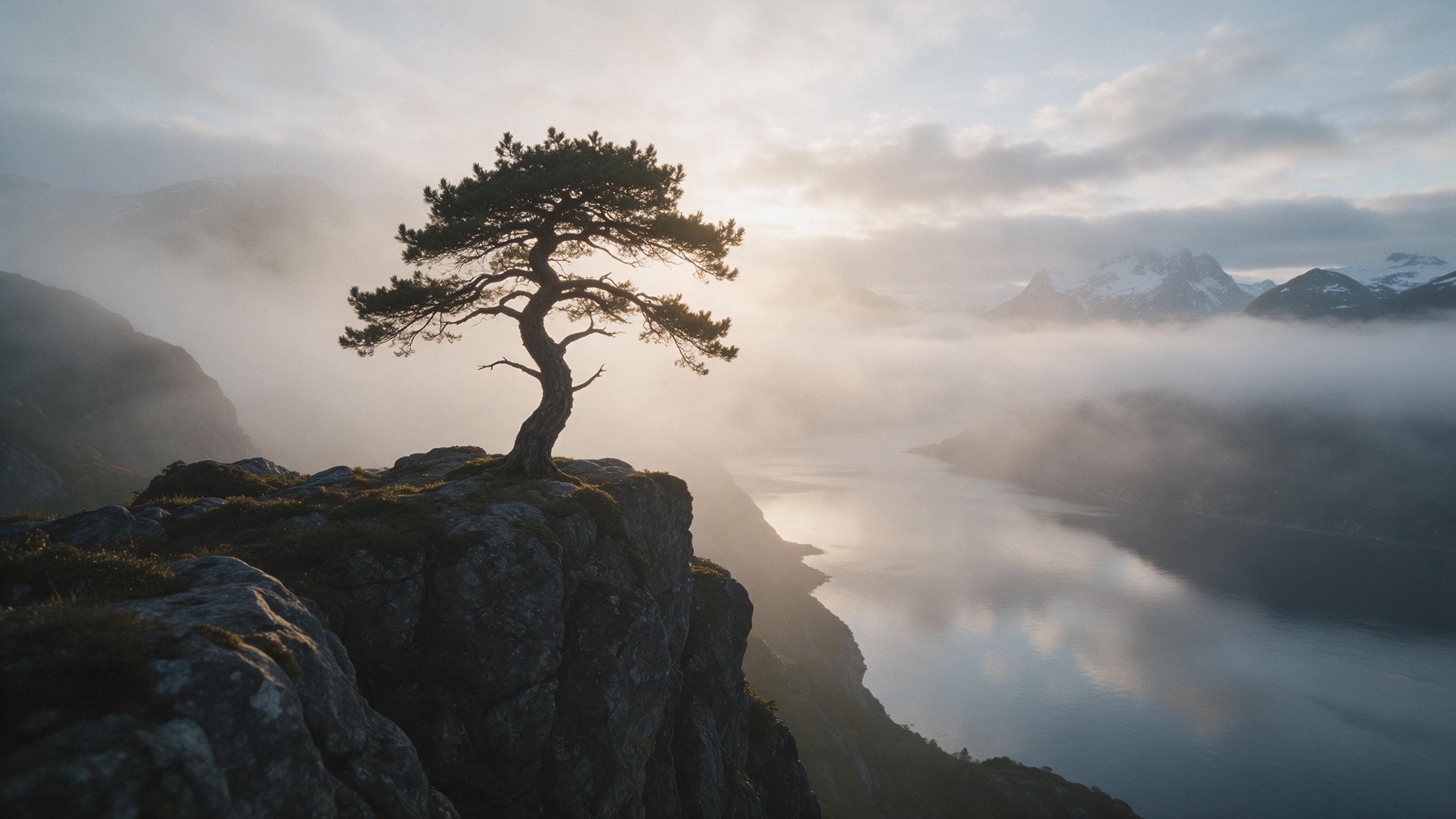 A lone gnarled pine tree stands atop a rugged cliff overlooking a misty fjord at dawn, soft golden light breaking through fog, water below reflecting the sky, distant snow-capped peaks, subtle grain, natural color palette