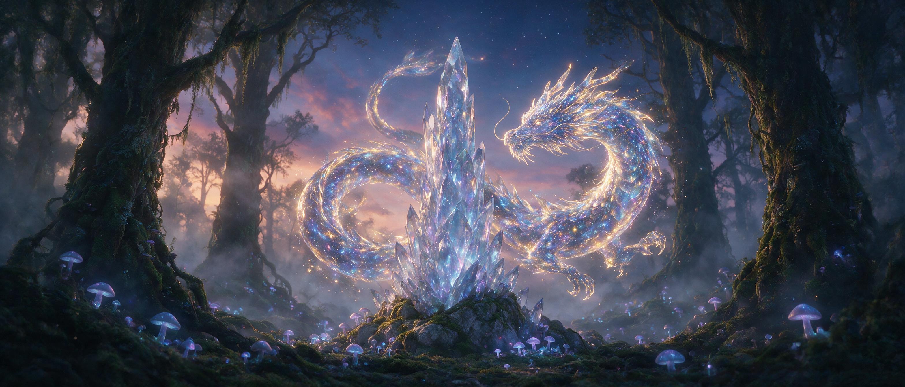 A glowing, translucent dragon made of swirling stardust coils around a crystal tower in a misty, twilight forest. Soft bioluminescent mushrooms scatter the ground, casting a cool blue and purple light. Dramatic side lighting emphasizes the creature's ethereal scales. Wide-angle composition with a lo