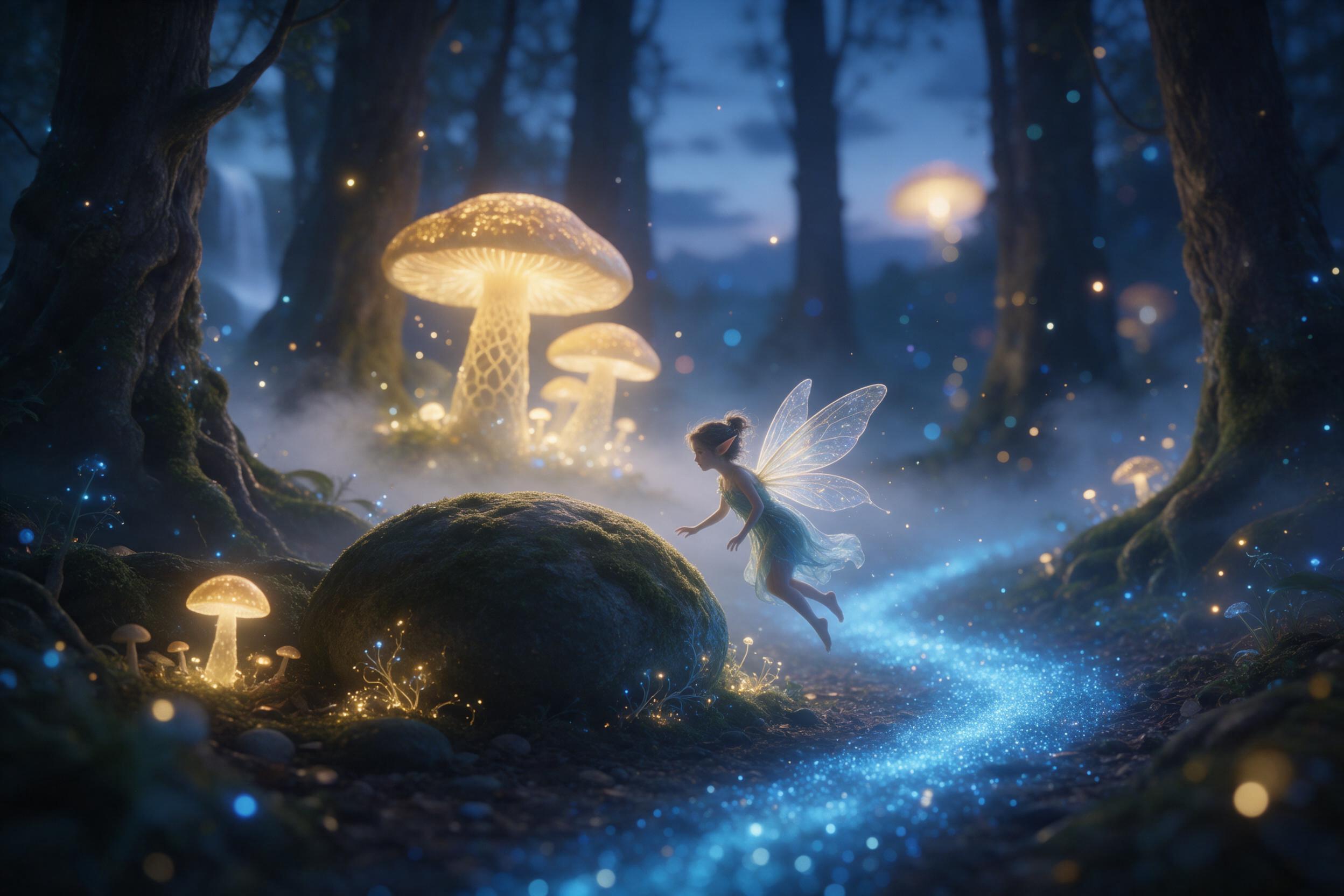 A bioluminescent forest at twilight, with giant glowing mushrooms and winding paths of blue light, a small fairy figure with translucent wings hovering by a mossy stone, soft mist between ancient trees, warm golden glow from the mushrooms, cool blue ambient light, shallow depth of field focusing on 