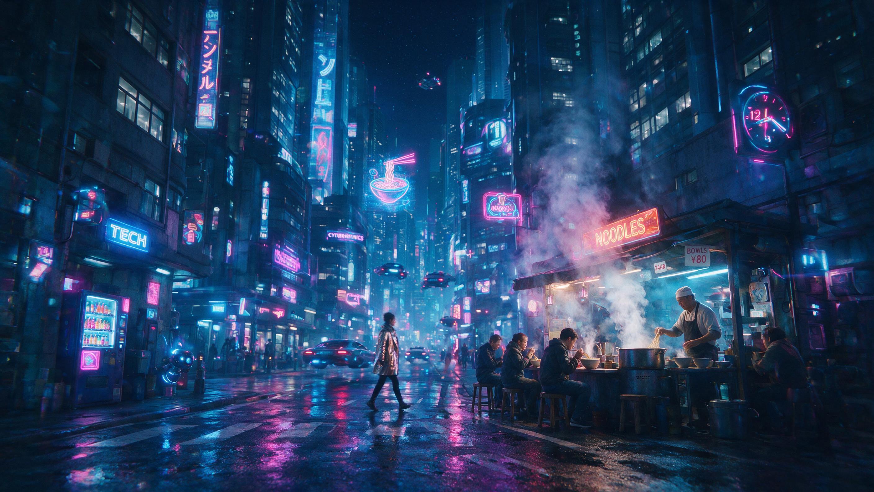 A neon-lit cyberpunk street corner at midnight, rain-slicked asphalt reflecting holographic billboards, a lone figure in a metallic coat walks past a flickering noodle stall, steam mingling with blue and magenta light, captured with a slight lens flare and shallow depth of field.