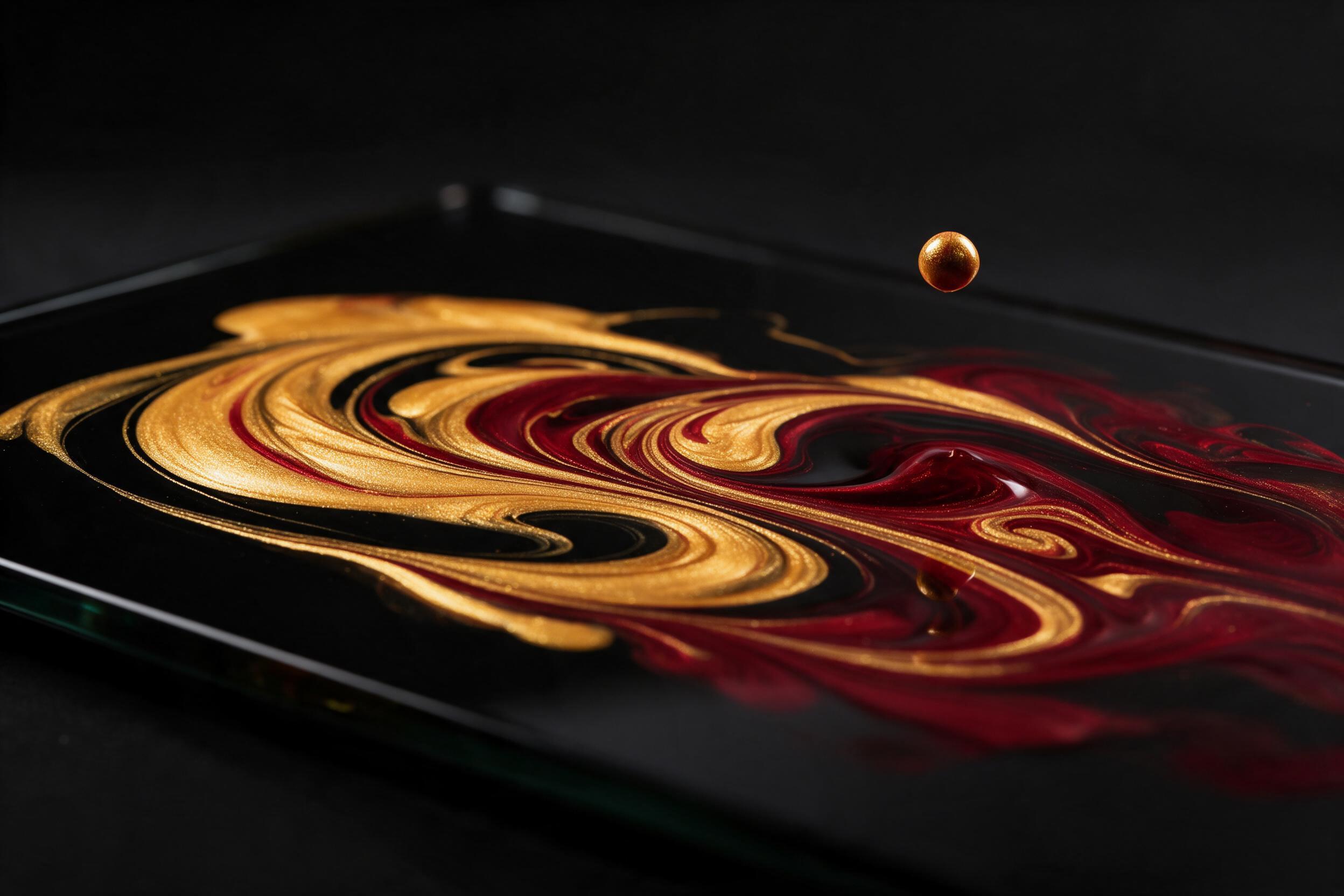 Fluid art swirls of molten gold and deep crimson intertwine on black glass, with subtle reflections and a single sharp droplet falling mid-air, soft studio lighting, minimalist composition, high contrast.