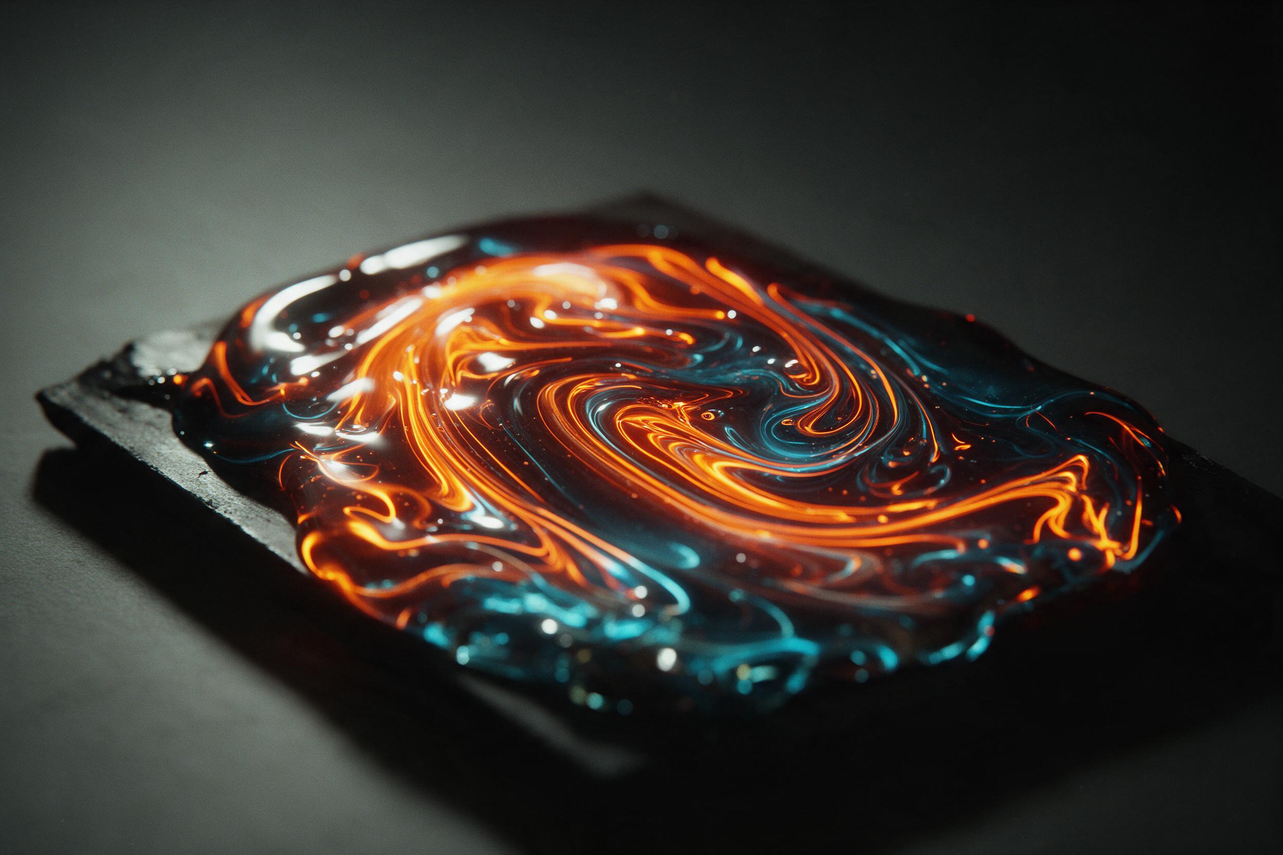 A close-up of molten glass in a dark studio, glowing orange and cyan veins swirling in organic fluid patterns, sharp reflections on the surface, dramatic side lighting casting long shadows, subtle grain and soft focus at edges, minimalist composition with negative space.