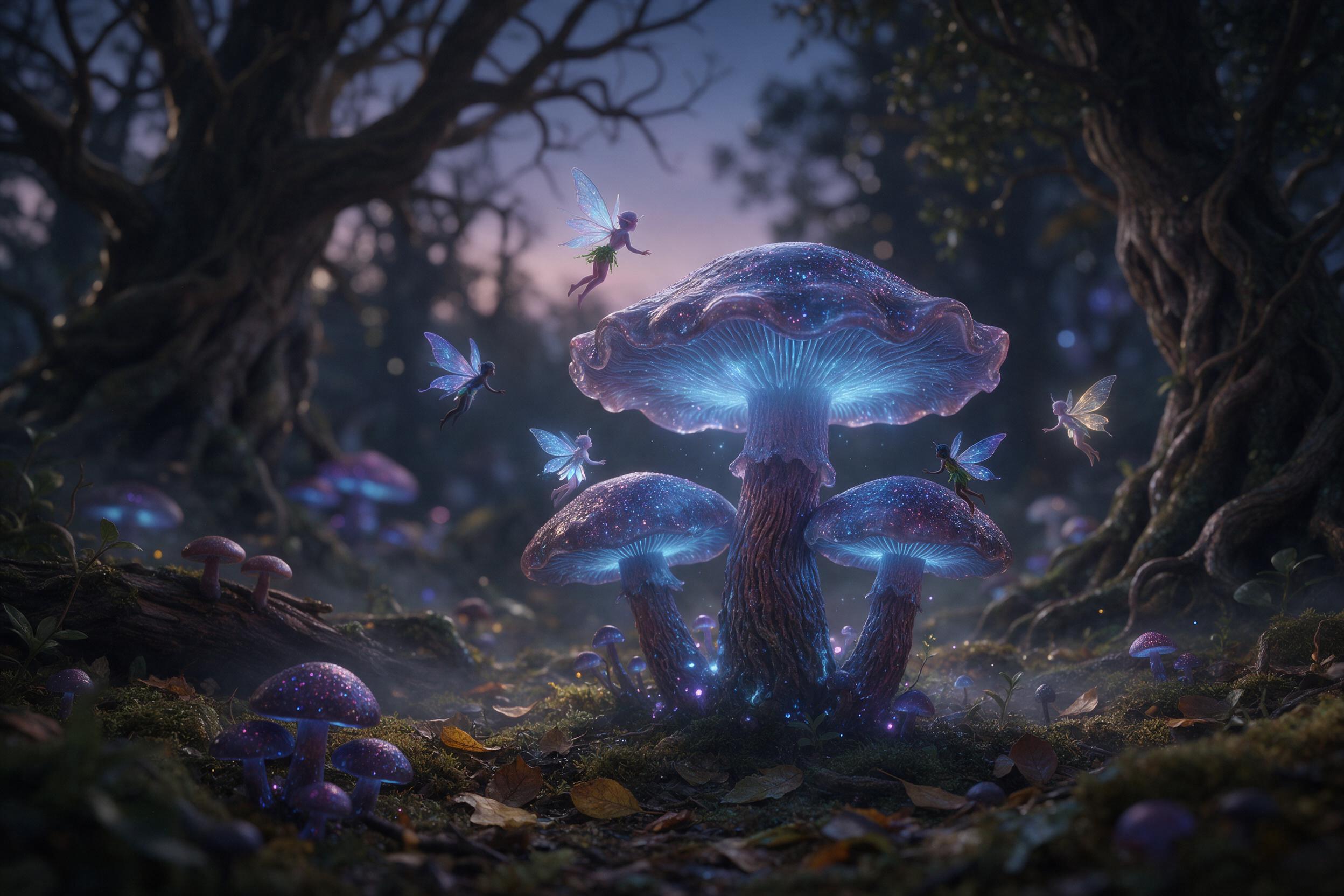 A bioluminescent mushroom grove at dusk, glowing soft blue and purple, tiny winged fairies flitting between oversized caps, mist curling low over mossy ground, dappled light through ancient gnarled trees, shallow depth of field, damp earthy tones with luminous accents