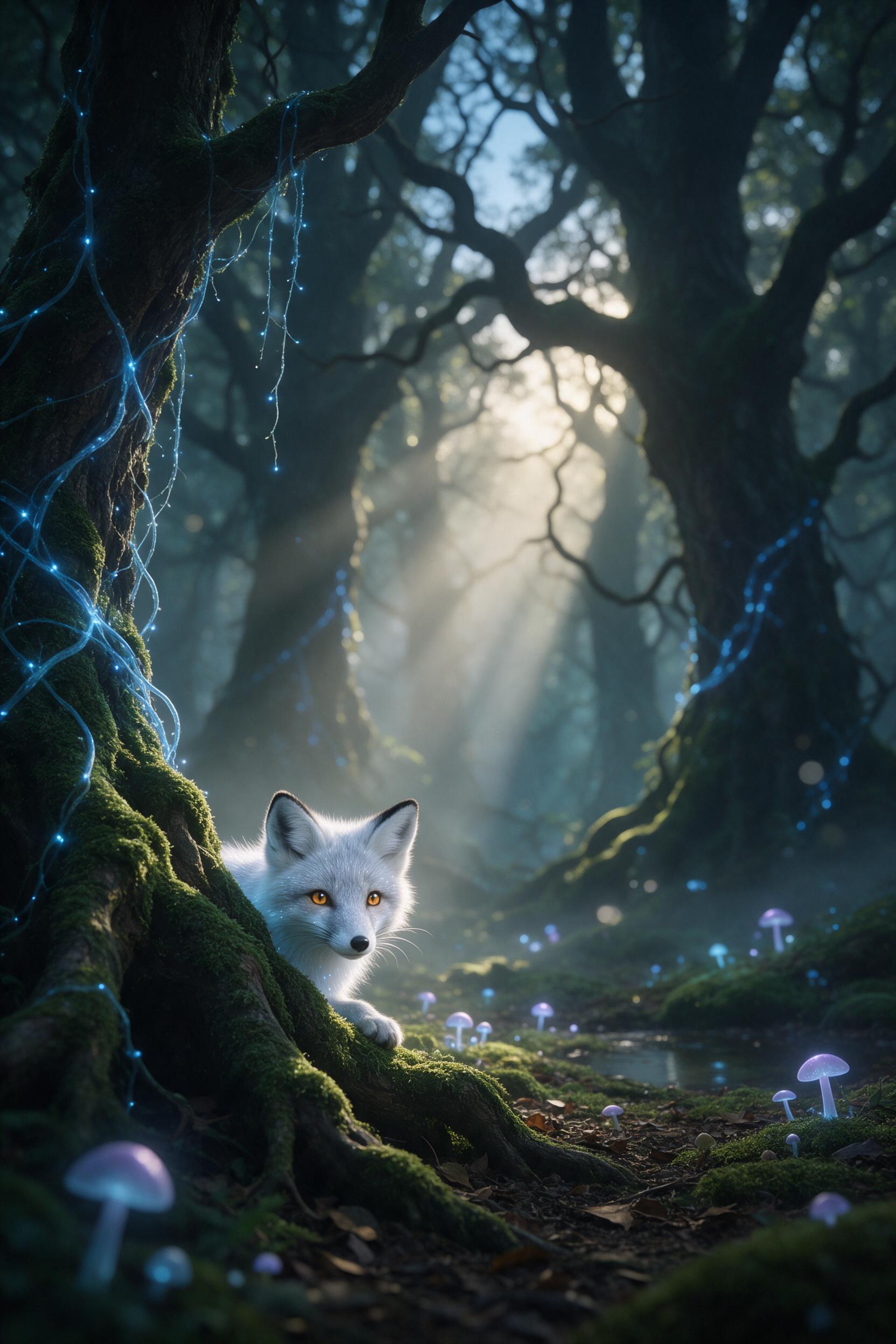 A misty emerald forest at dawn, ancient gnarled trees wrapped in glowing blue vines, a small luminous fox with silver fur peeking from behind mossy roots, soft volumetric light rays piercing through canopy, scattered glowing mushrooms on the forest floor, ethereal atmosphere, gentle fog, subtle boke