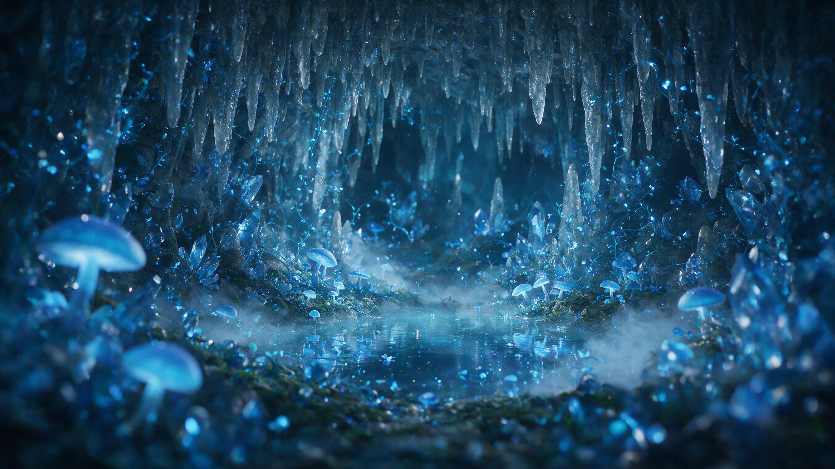 A glowing crystal cavern deep underground, bioluminescent blue mushrooms and vines casting soft light on stalactites, a small shimmering pool reflecting the light, mist swirling, shallow depth of field, cinematic composition
