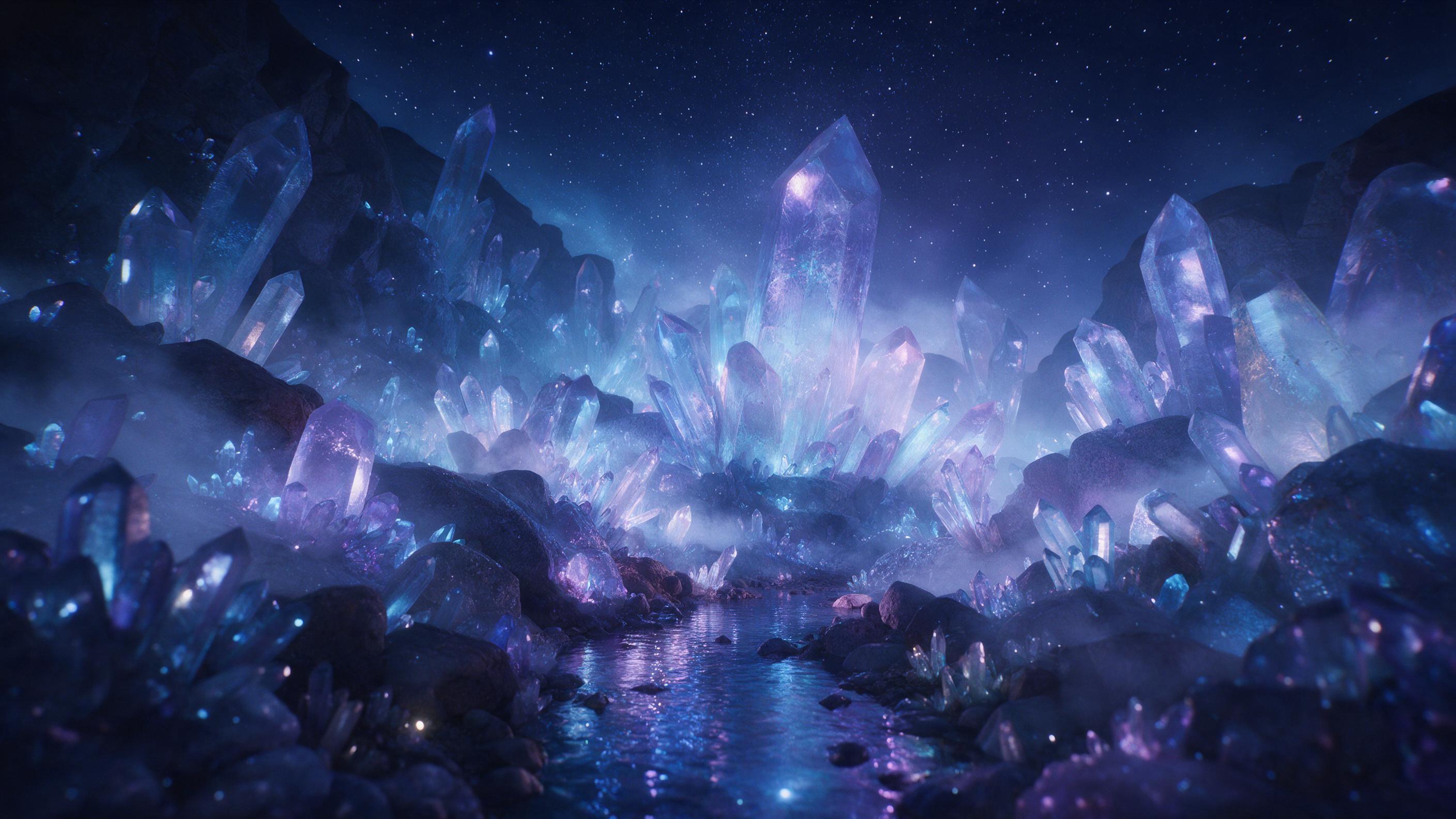 A glowing crystal cavern beneath a starlit sky, ethereal blue and purple light refracting through quartz formations, a small stream reflecting the shimmering minerals, soft mist curling around the rocks, wide-angle shot emphasizing the vast, otherworldly space